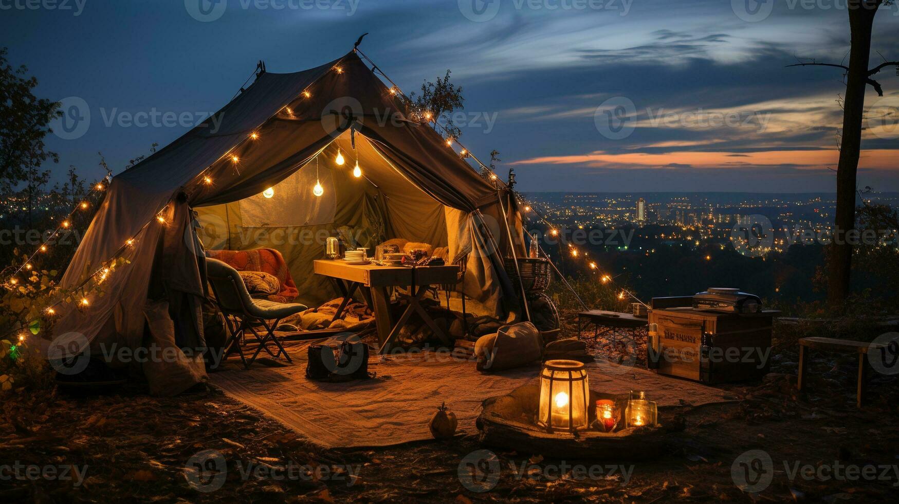 Generative AI, romantic camping with lantern lights, pillows, blanket. City view in the evening photo