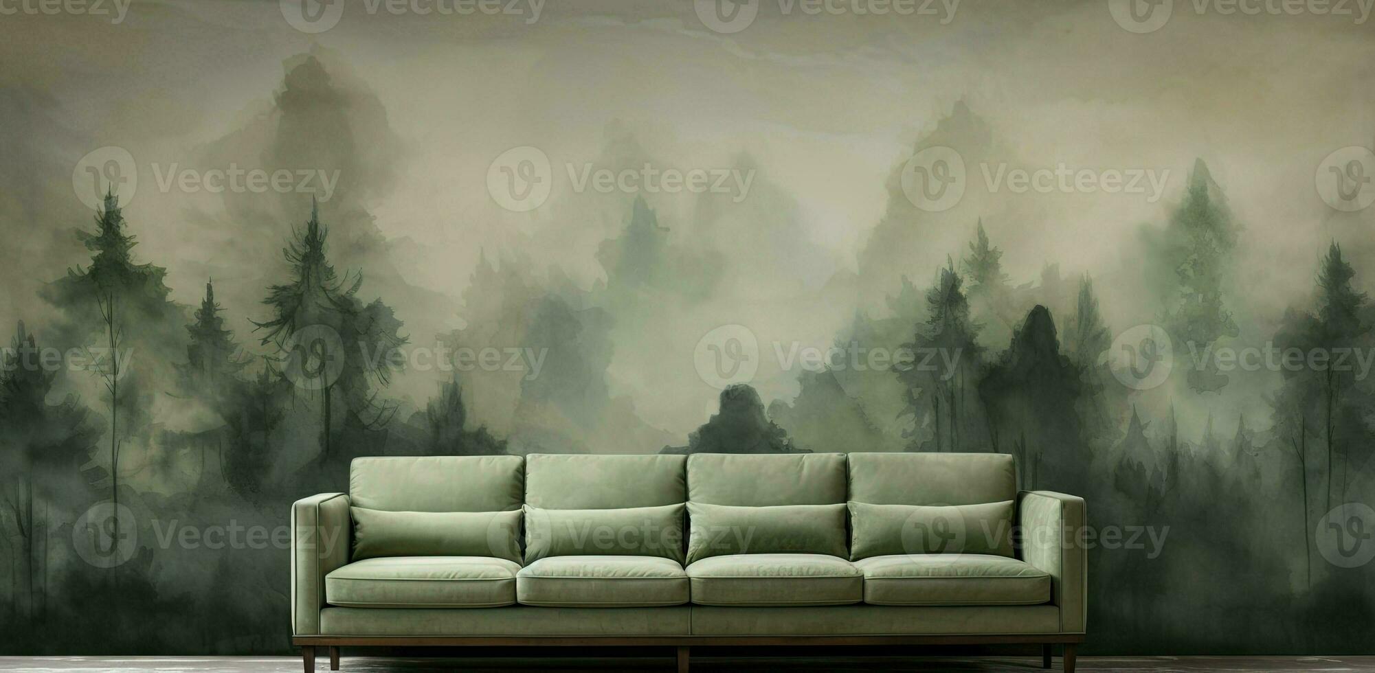 Generative AI, Interior design with couch, sofa and wallpaper of fir forest beautiful landscape in hipster vintage retro style, foggy mountains and trees. photo