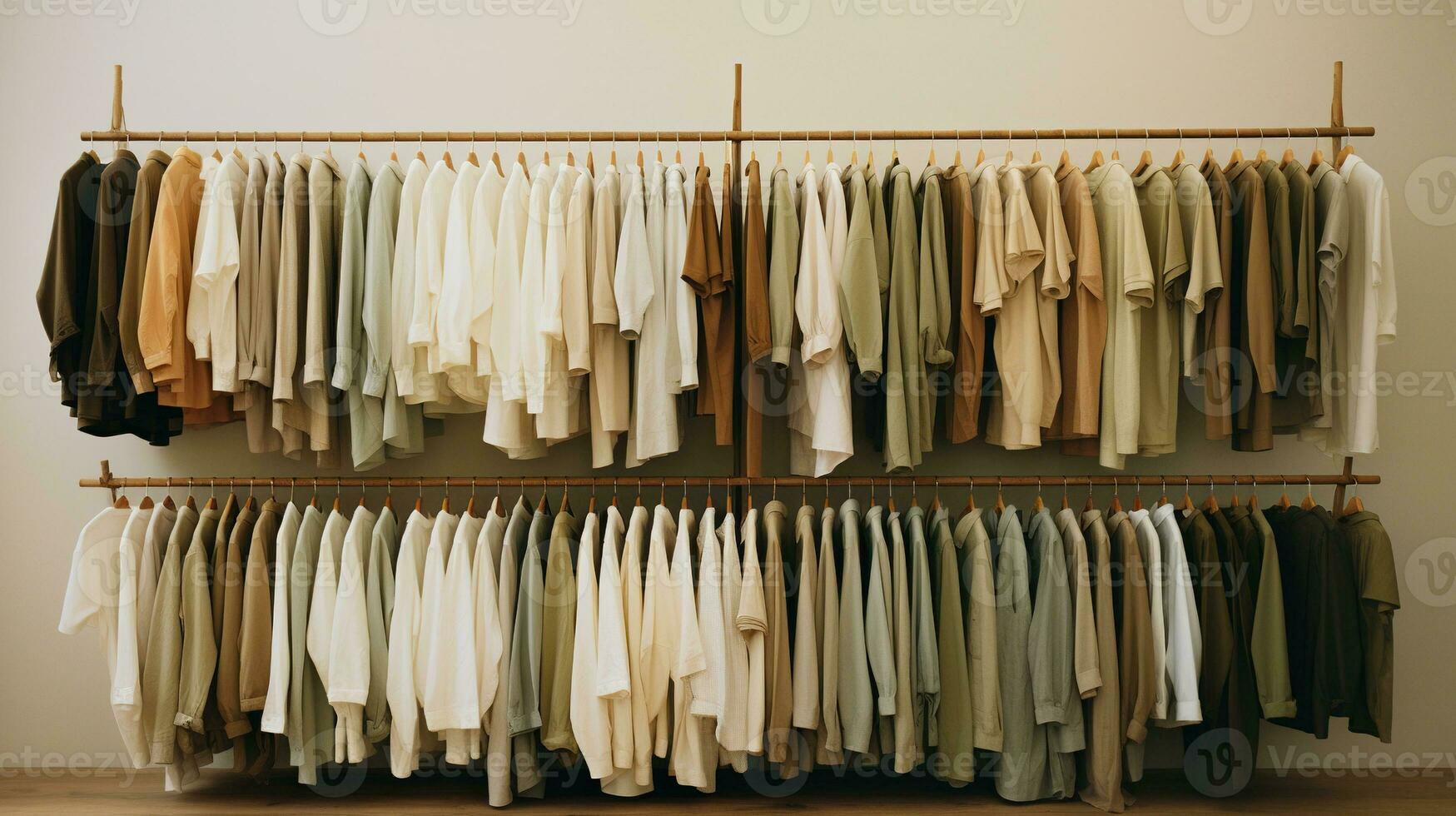 Generative AI, Cloth store aesthetic background, photo of clothes hanging on hangers, muted neutral colors