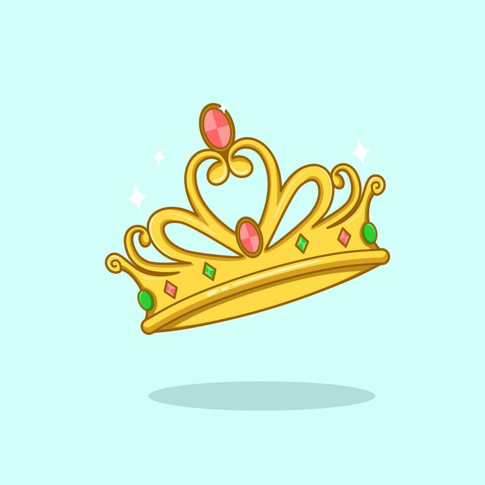 Beautiful golden princess crown with pink ruby hearts. Vector cartoon