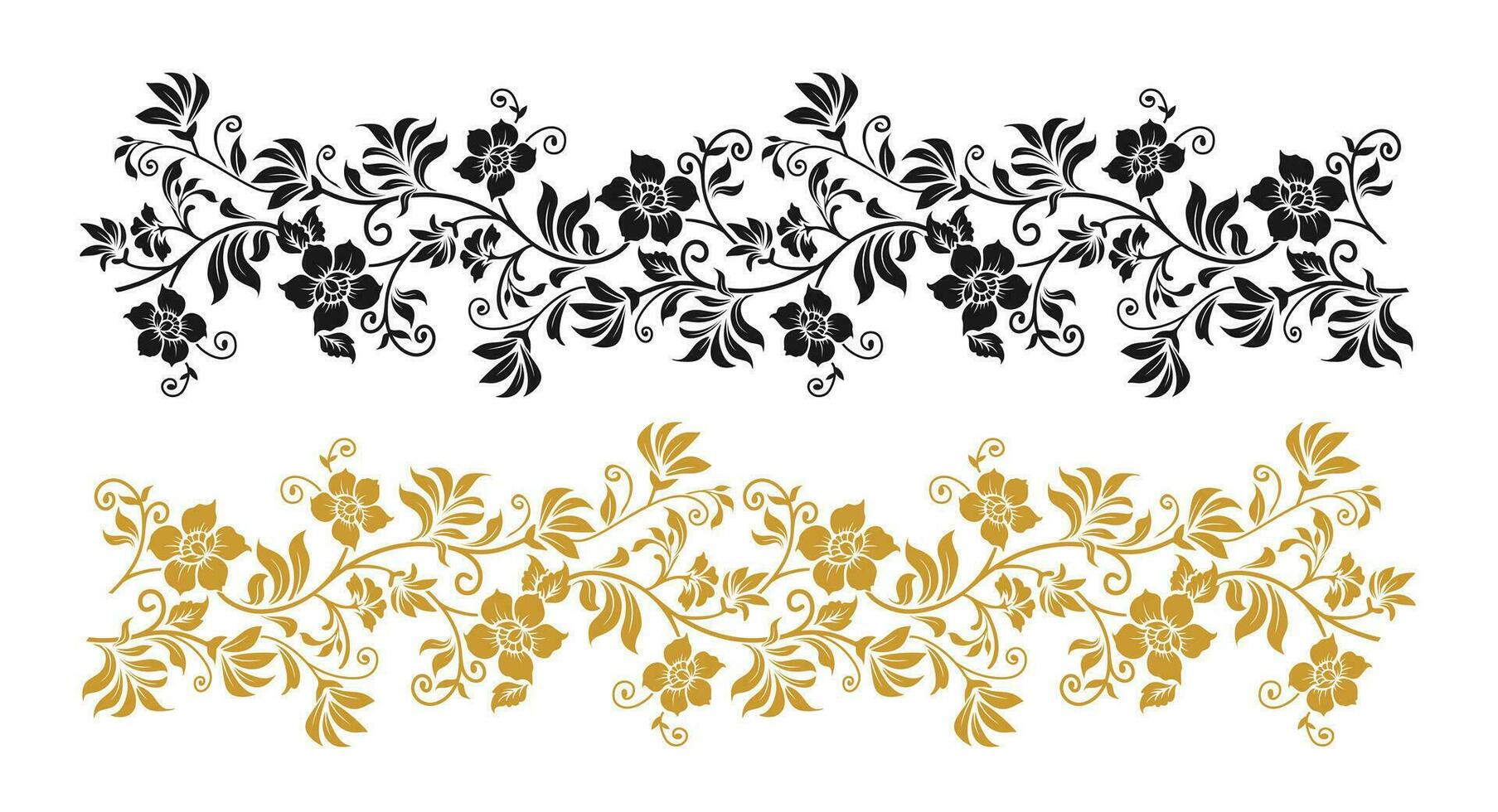 Seamless black and golden floral ornament border vector. vector