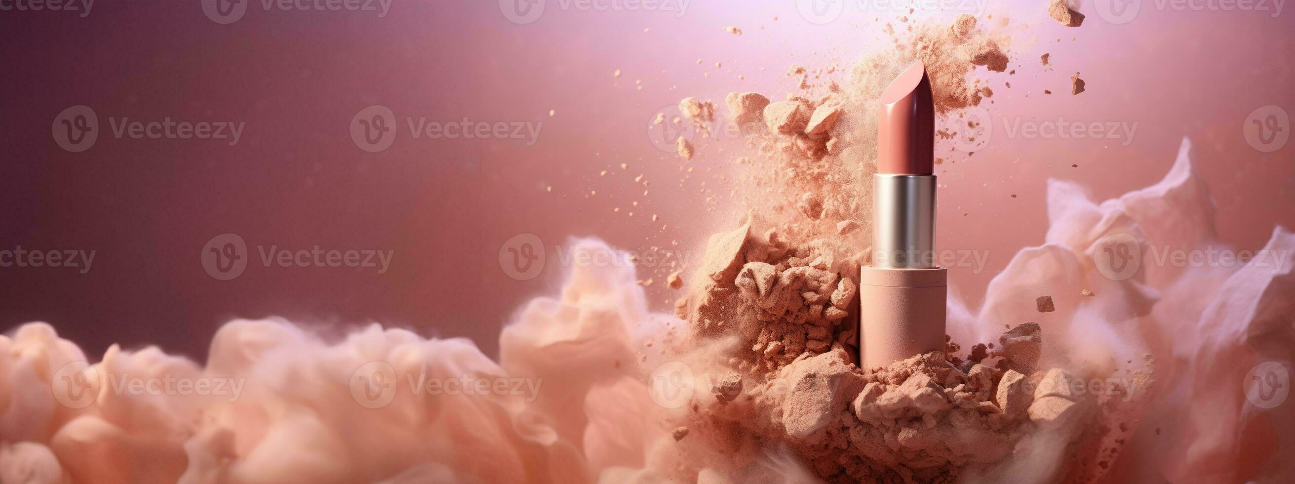 Generative AI, Nude beige color lipstick, beige and pink powder splashes and smoke with copy space. photo