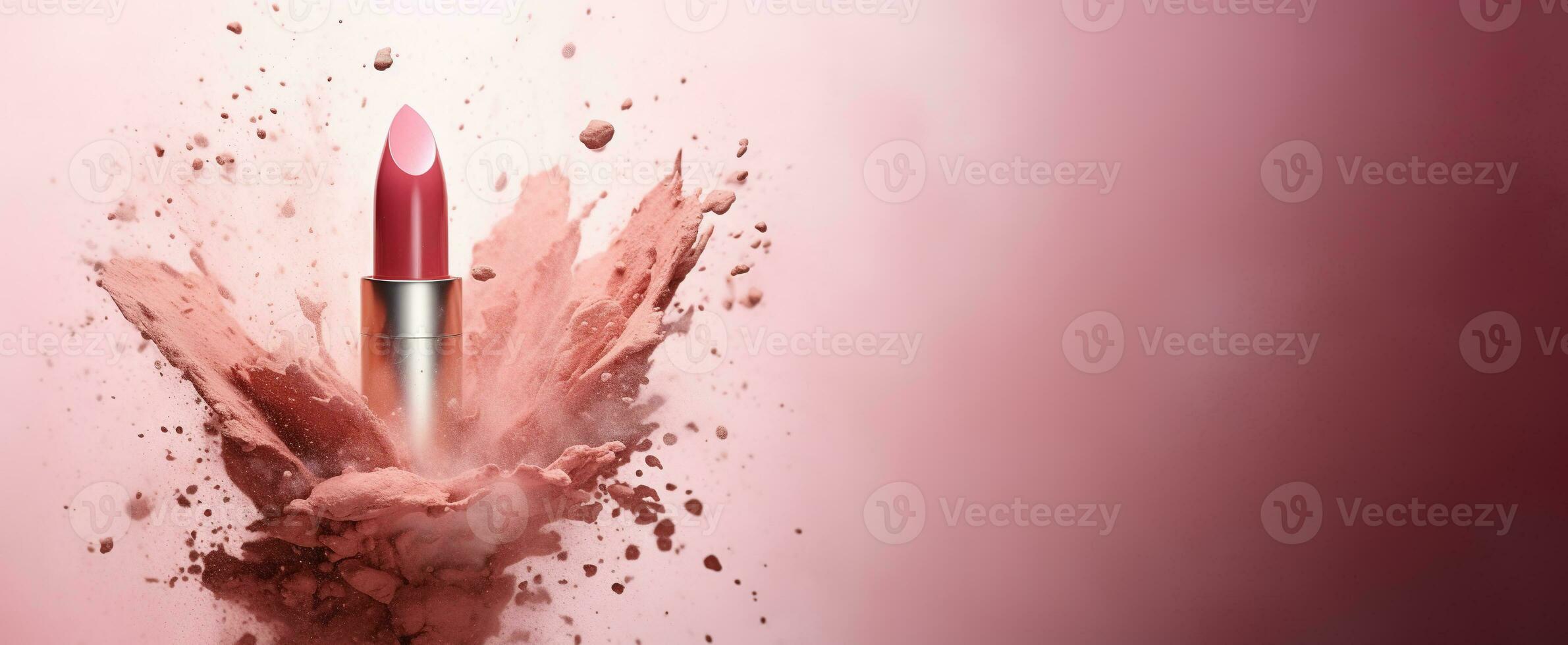 Generative AI, Nude beige color lipstick, beige and pink powder splashes and smoke with copy space. photo