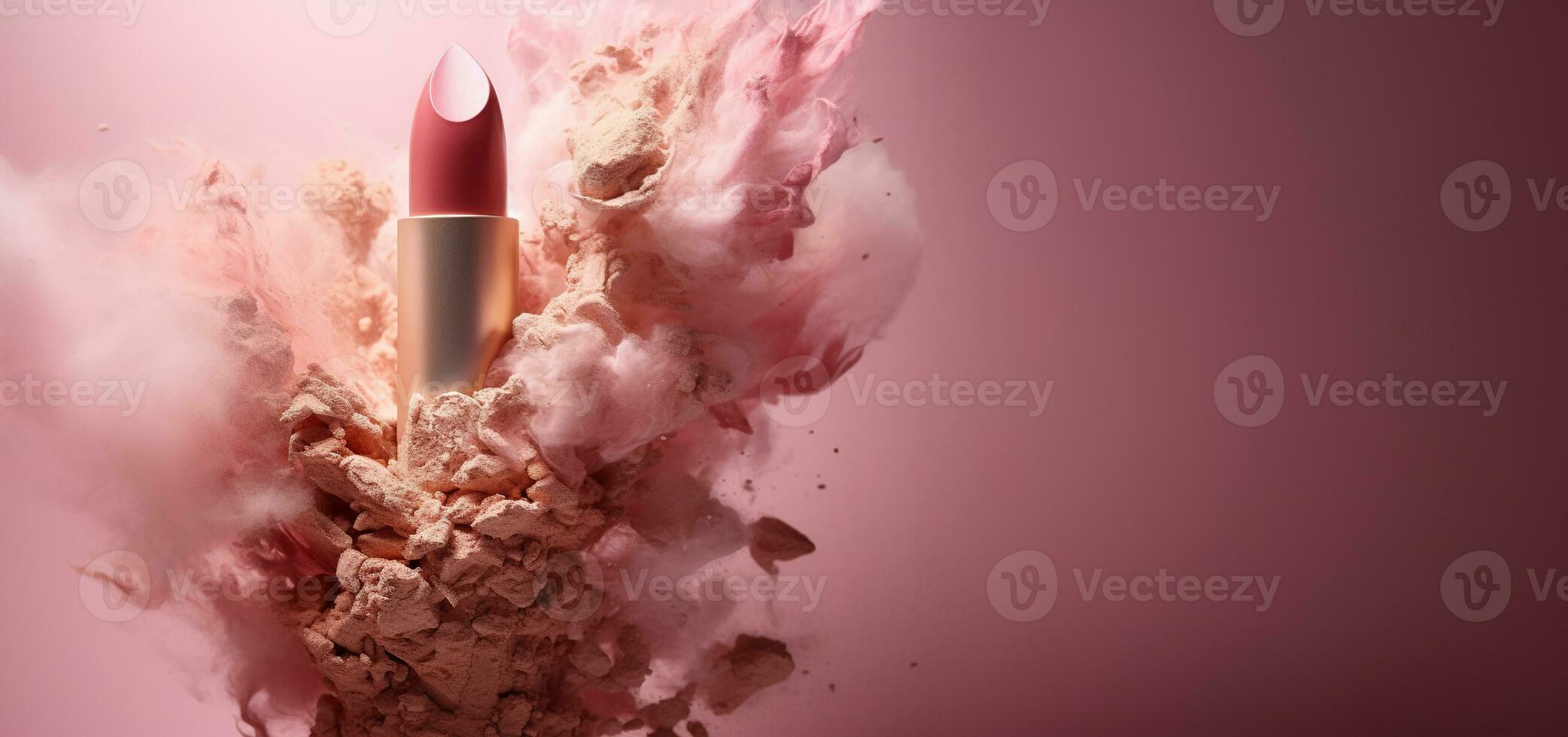 Generative AI, Nude beige color lipstick, beige and pink powder splashes and smoke with copy space. photo