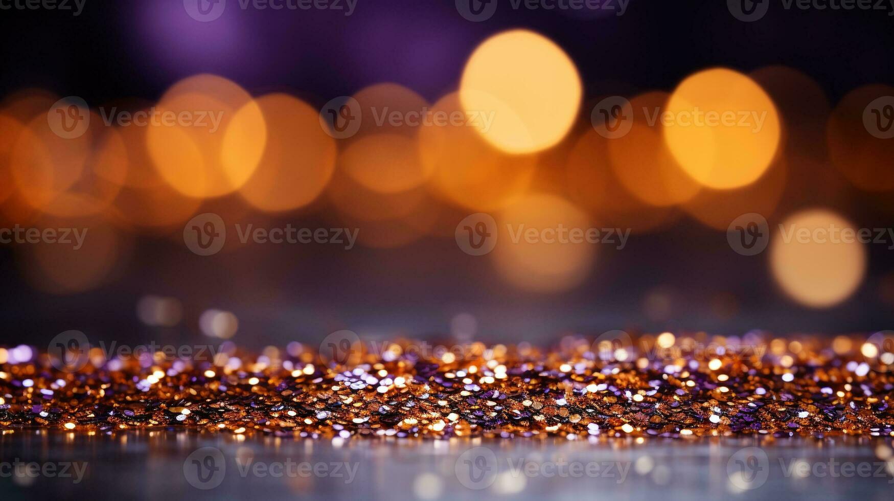 Generative AI, Halloween glitter background with pumpkin. Orange and violet colors, holiday concept with copy space photo