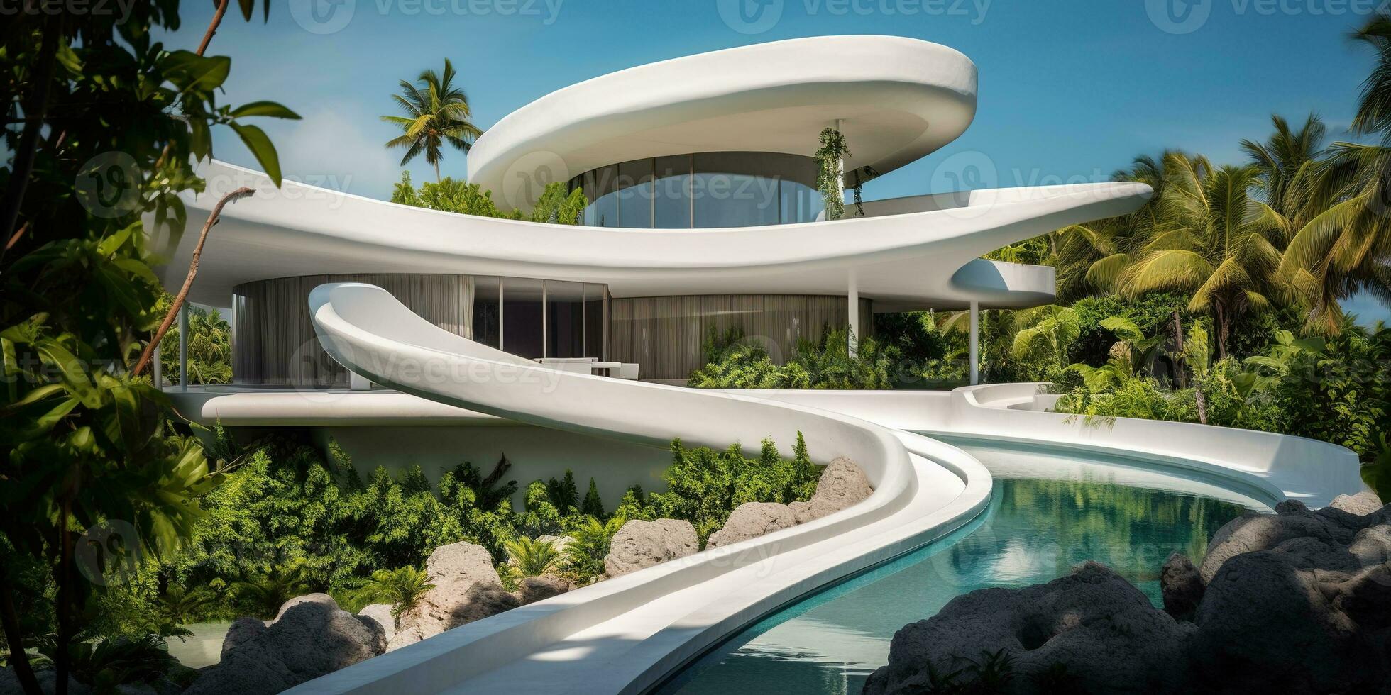 Generative AI, modern luxury house with lush tropical garden. Villa, hotel resort, architectural photography in the style of futuristic curves photo