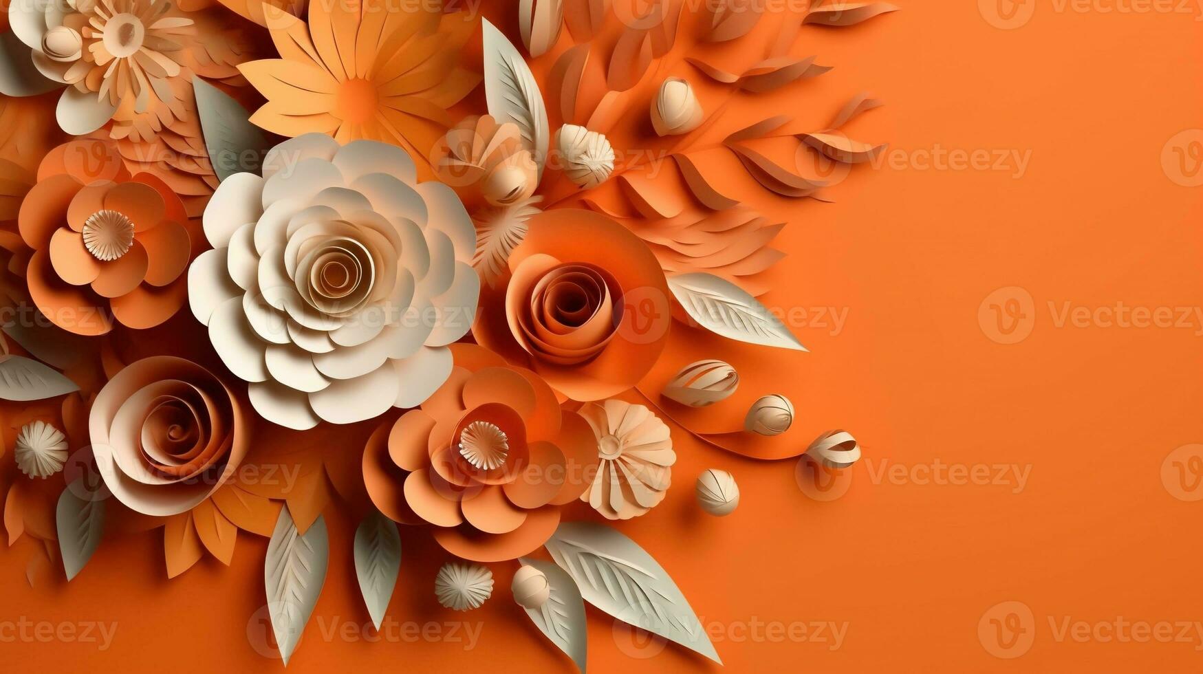 Generative AI, Paper cut craft flowers and leaves, apricot crush orange color, origami textured background, spring mood. Floral frame layout.. photo