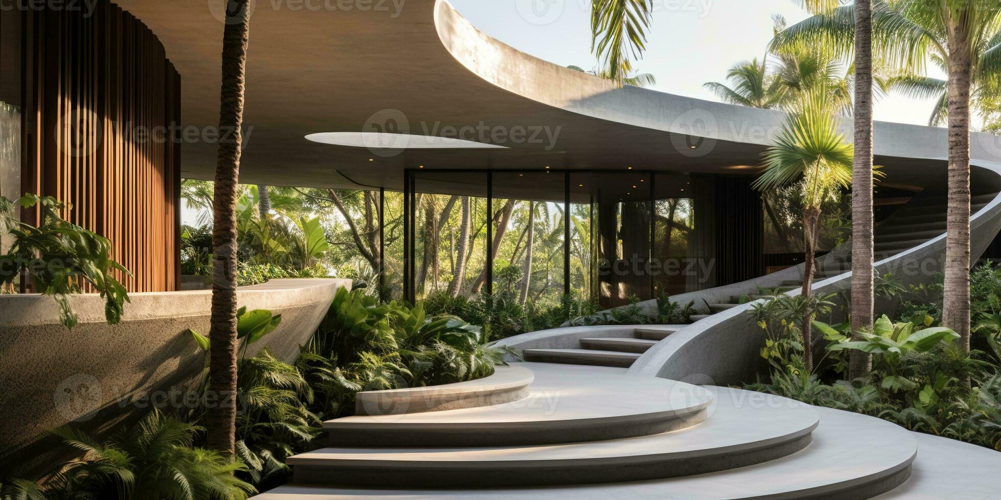 Generative AI, modern luxury house with lush tropical garden. Villa, hotel resort, architectural photography in the style of futuristic curves photo