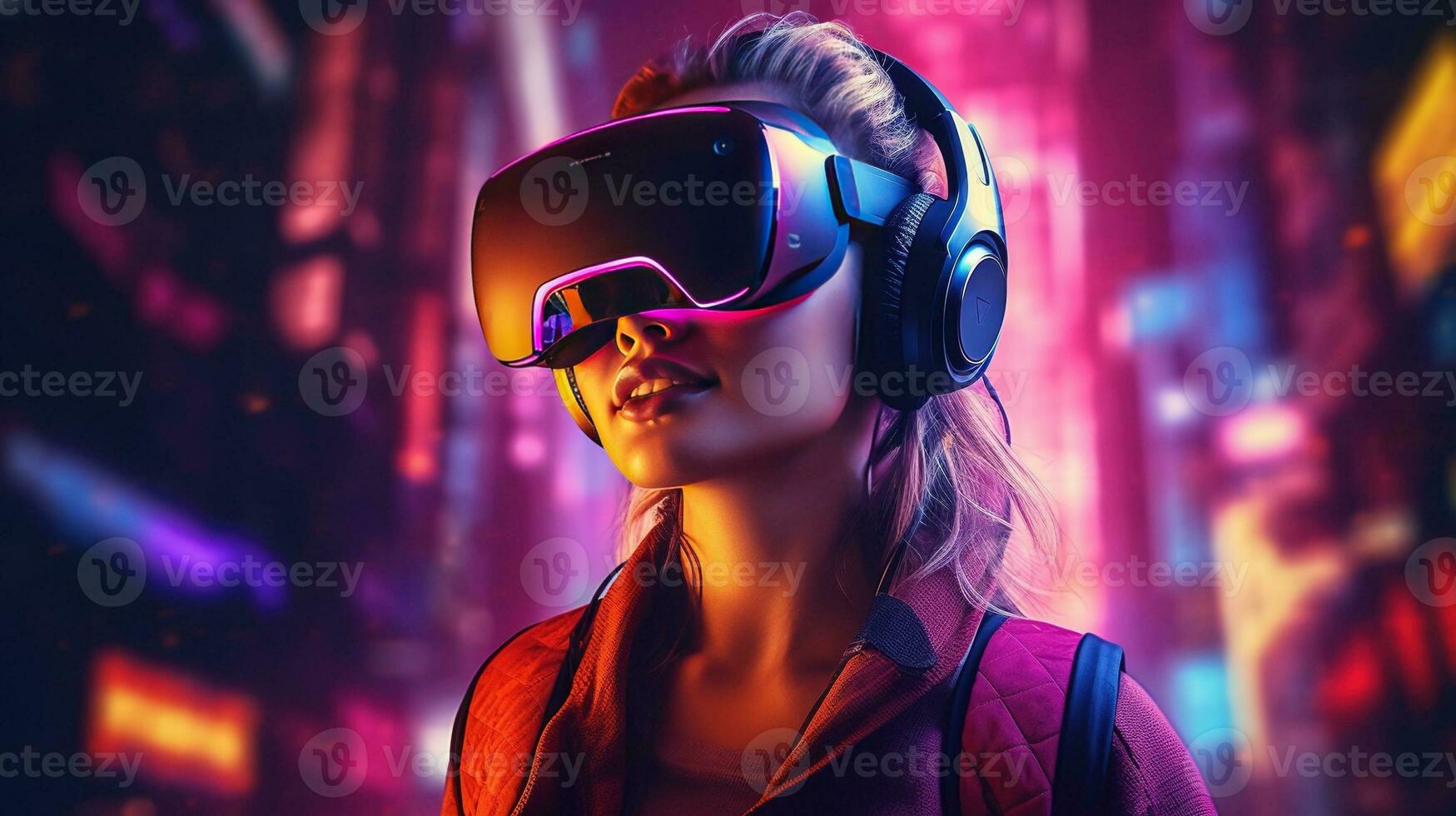 Generative AI, beautiful woman in VR glasses in neon space street, virtual reality headset  in cyberspace photo