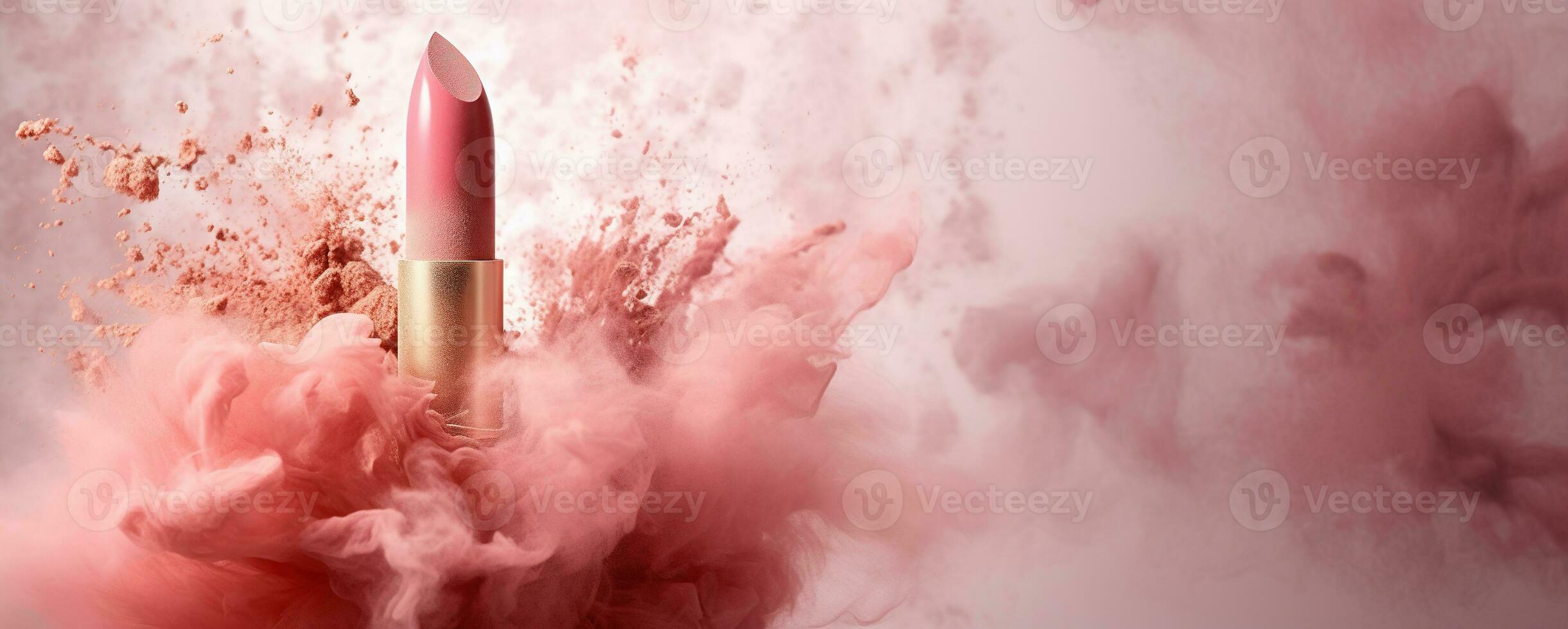 Generative AI, Nude beige color lipstick, beige and pink powder splashes and smoke with copy space. photo