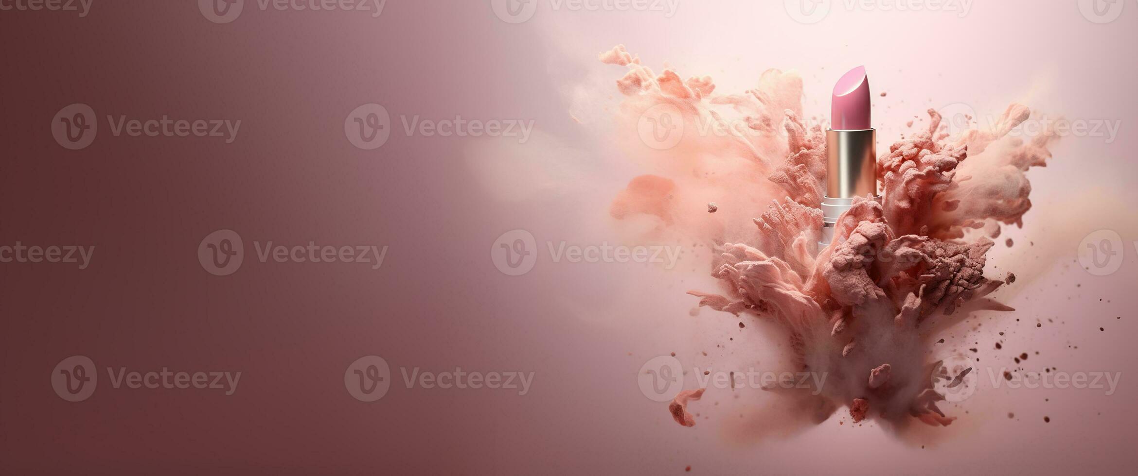 Generative AI, Nude beige color lipstick, beige and pink powder splashes and smoke with copy space. photo