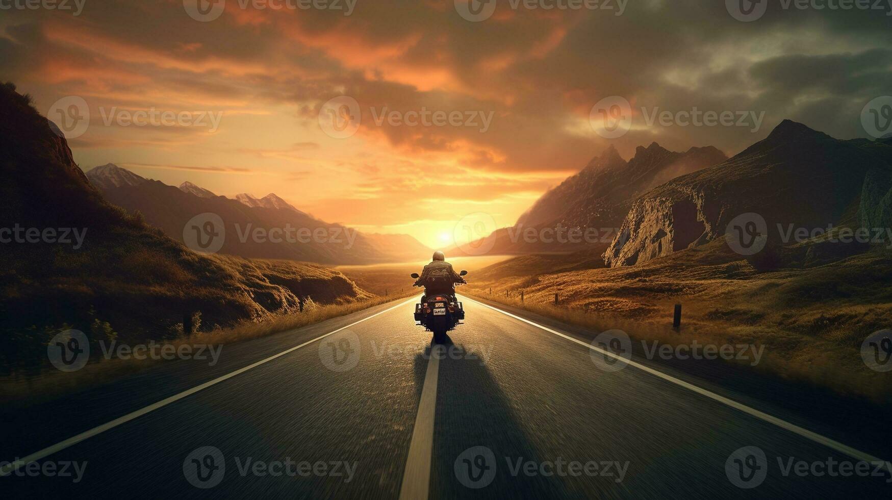 Generative AI, Motorcycle rider on street riding, sunset sky, having fun driving the empty highway on a motorcycle tour journey photo