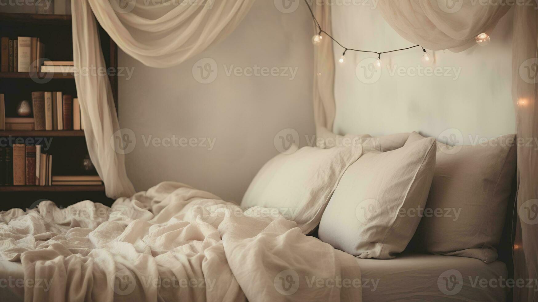 Generative AI, Relaxing bedroom detail of bed with natural linen textured bedding, muted neutral aesthetic colors photo