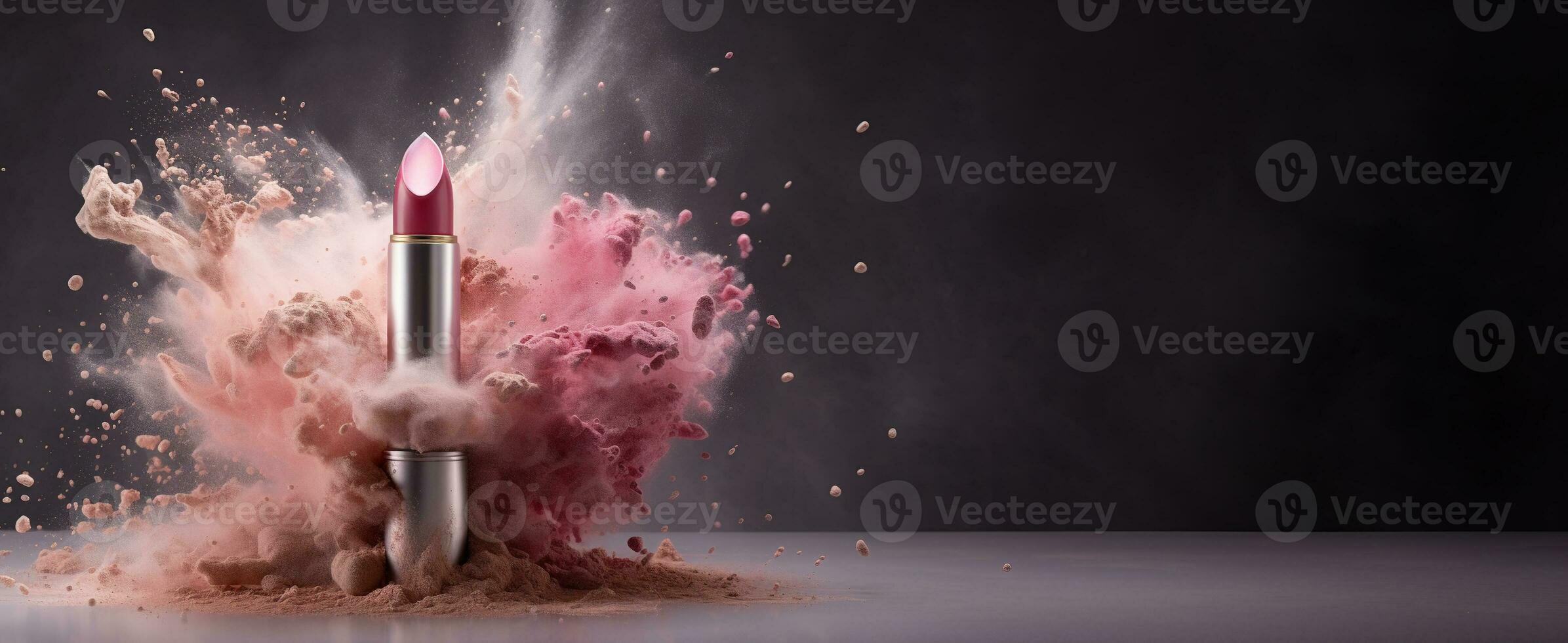 Generative AI, Nude beige color lipstick, beige and pink powder splashes and smoke with copy space. photo