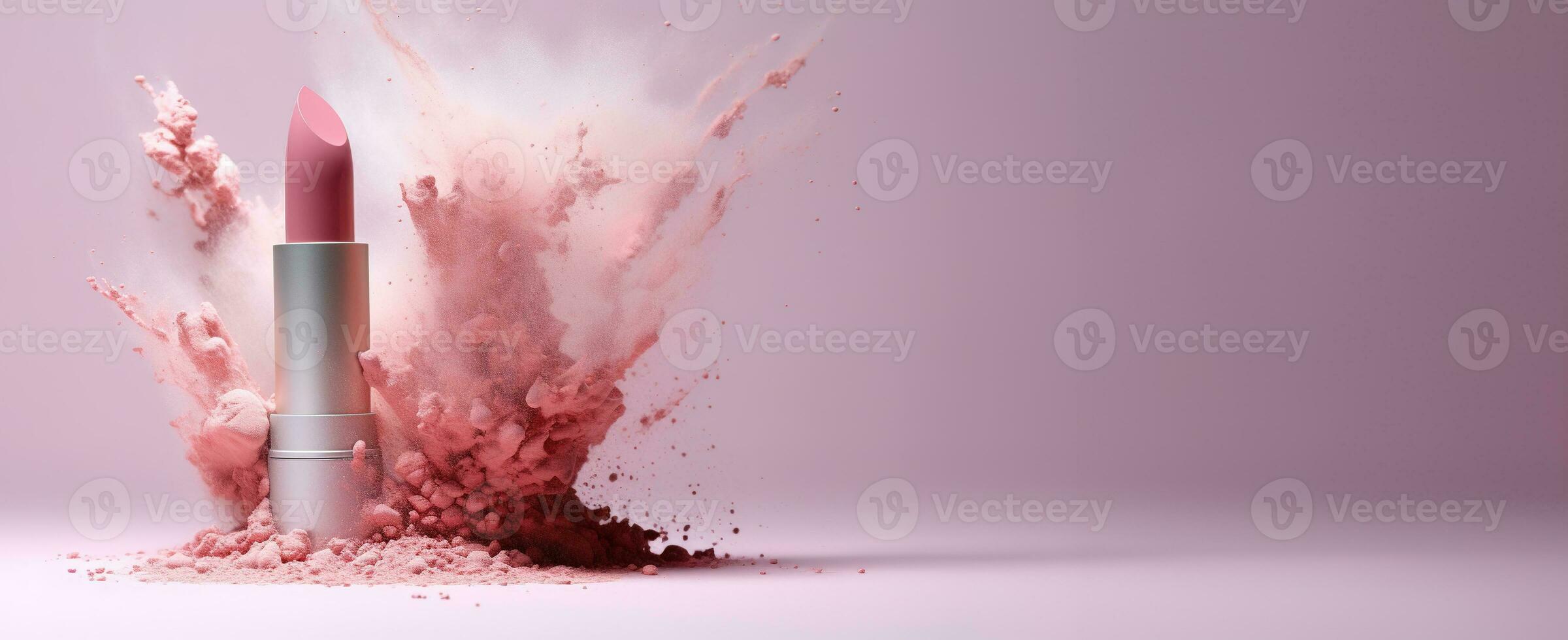 Generative AI, Nude beige color lipstick, beige and pink powder splashes and smoke with copy space. photo