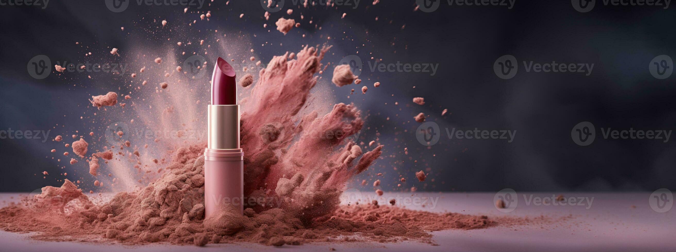 Generative AI, Nude beige color lipstick, beige and pink powder splashes and smoke with copy space. photo