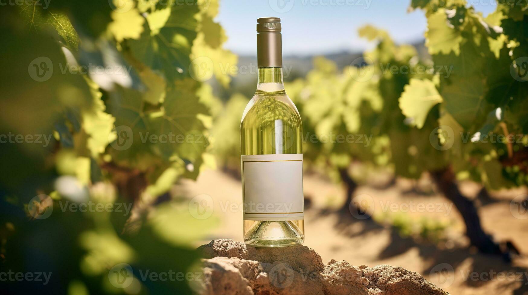 Generative AI, white wine bottle mock up on vineyrad landscape in the sunshine, cope space and place for logo photo