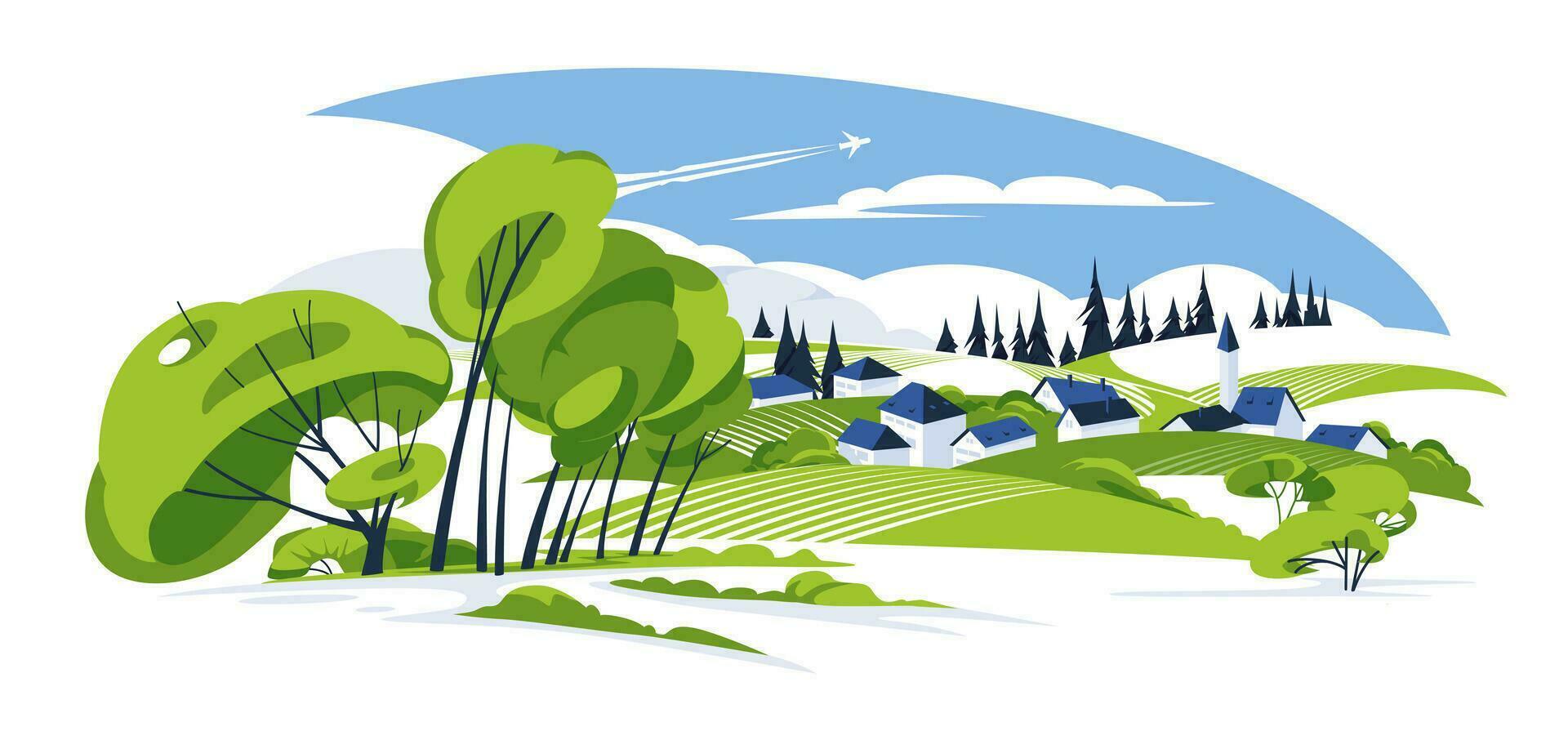 idílico pueblo en el verde valle. estacional paisaje. plano vector ilustración