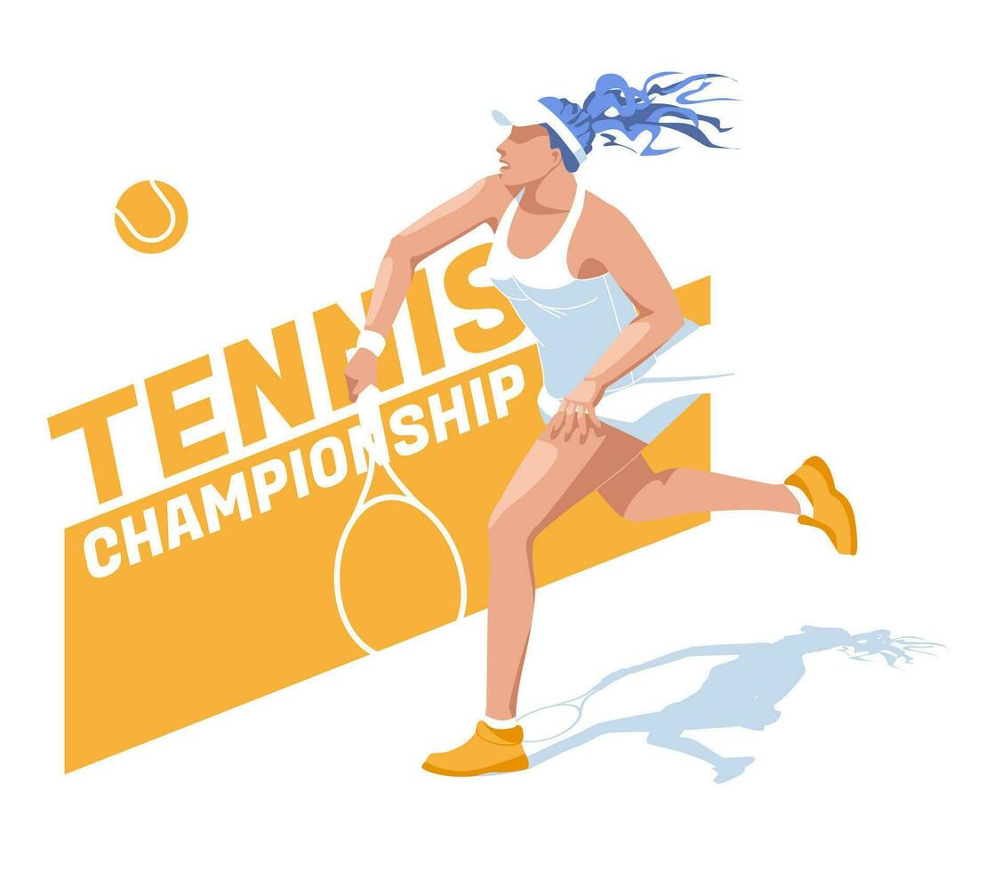 Female tennis player jumping to make a pass on an abstract background. Sports character. Vector flat illustration