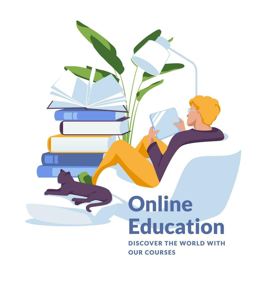 joven hombre estudiando a hogar utilizando ordenador portátil. enorme libros. en línea educación concepto. plano vector ilustración