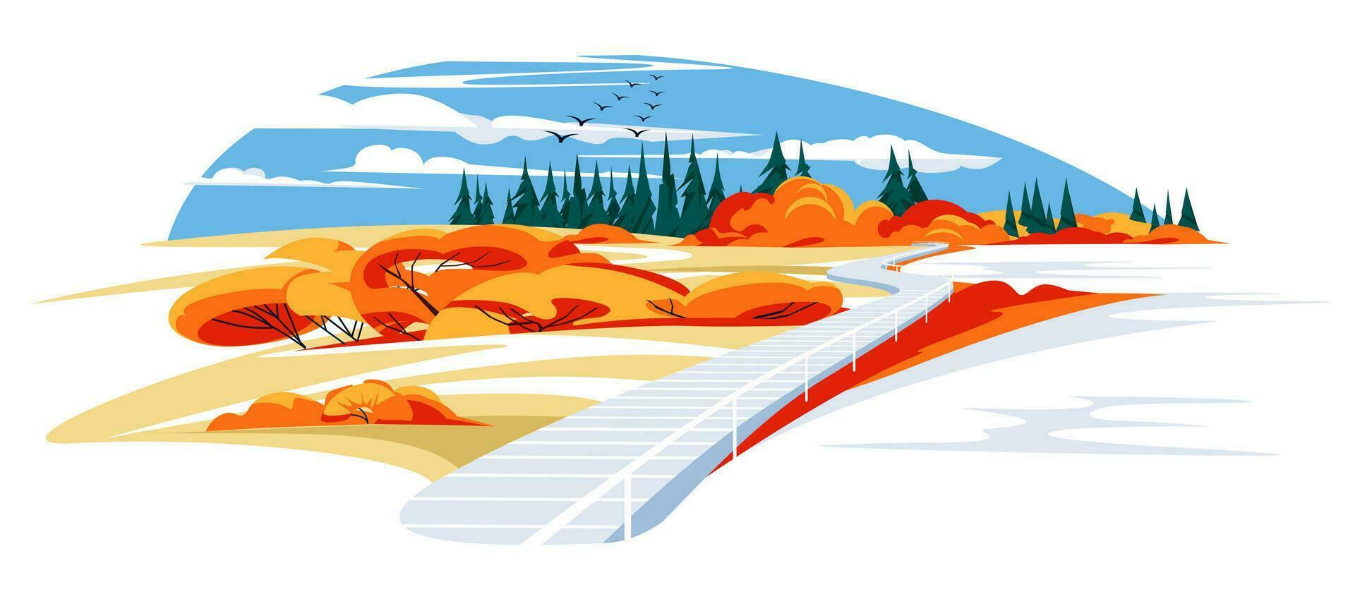 un muelle me gusta un la carretera en un tranquilo montaña lago. horizonte, otoño y conífero arboles turismo y recreación vacaciones concepto, vector plano ilustración