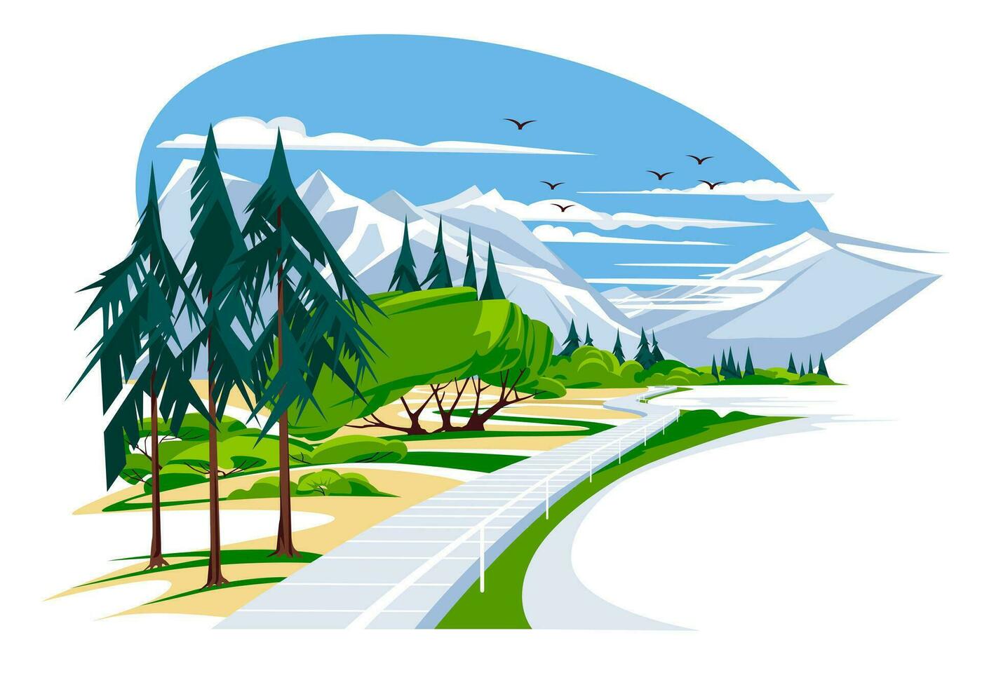 a pier like a road on a quiet mountain lake. Mountain peaks, green and coniferous trees. Tourism and recreation vacation concept, vector flat illustration