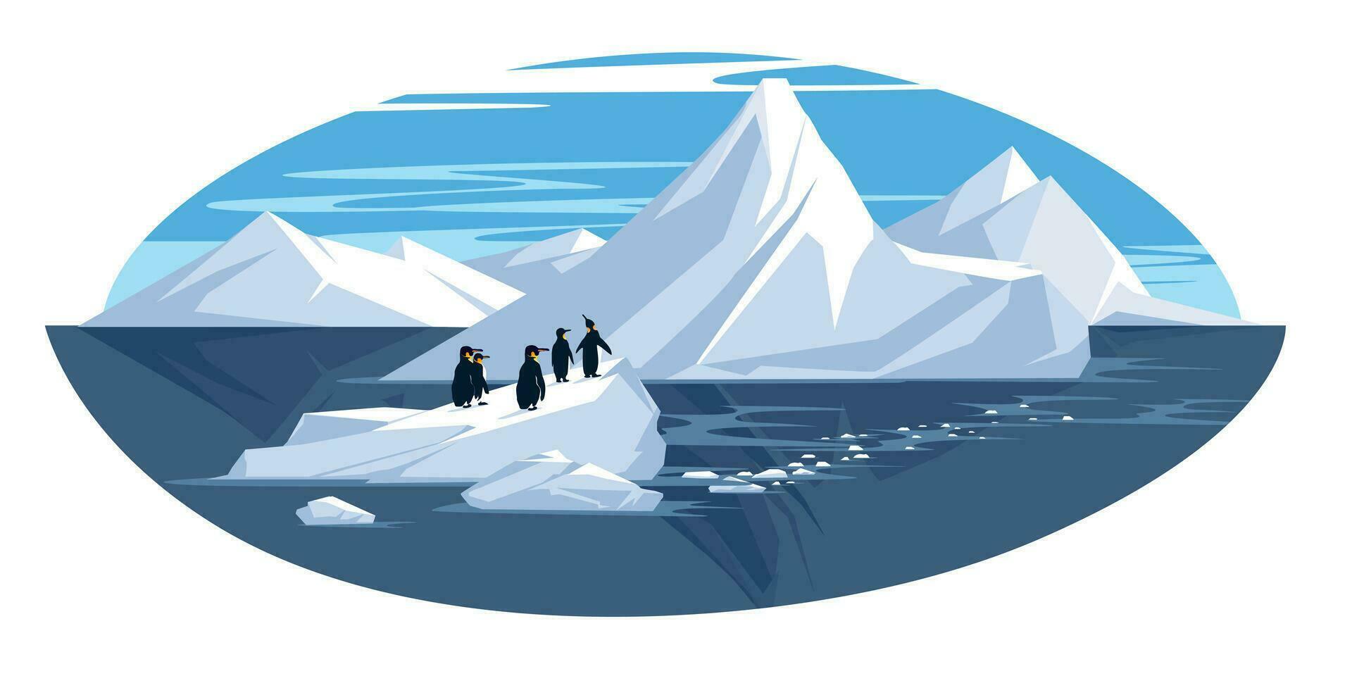 Antarctic landscape. Icebergs from the cold sea. Penguins on the glacier. Flat vector illustration