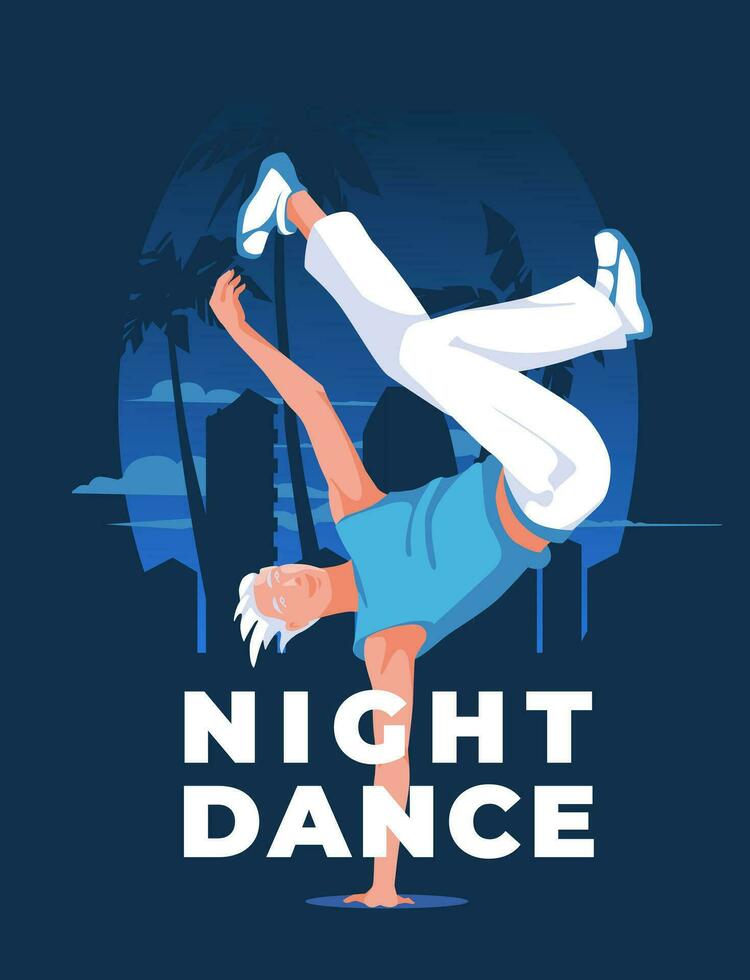 young break dancer. Night city with palm trees. Los Angeles landscape. Advertisement of a dance event. vector flat illustration