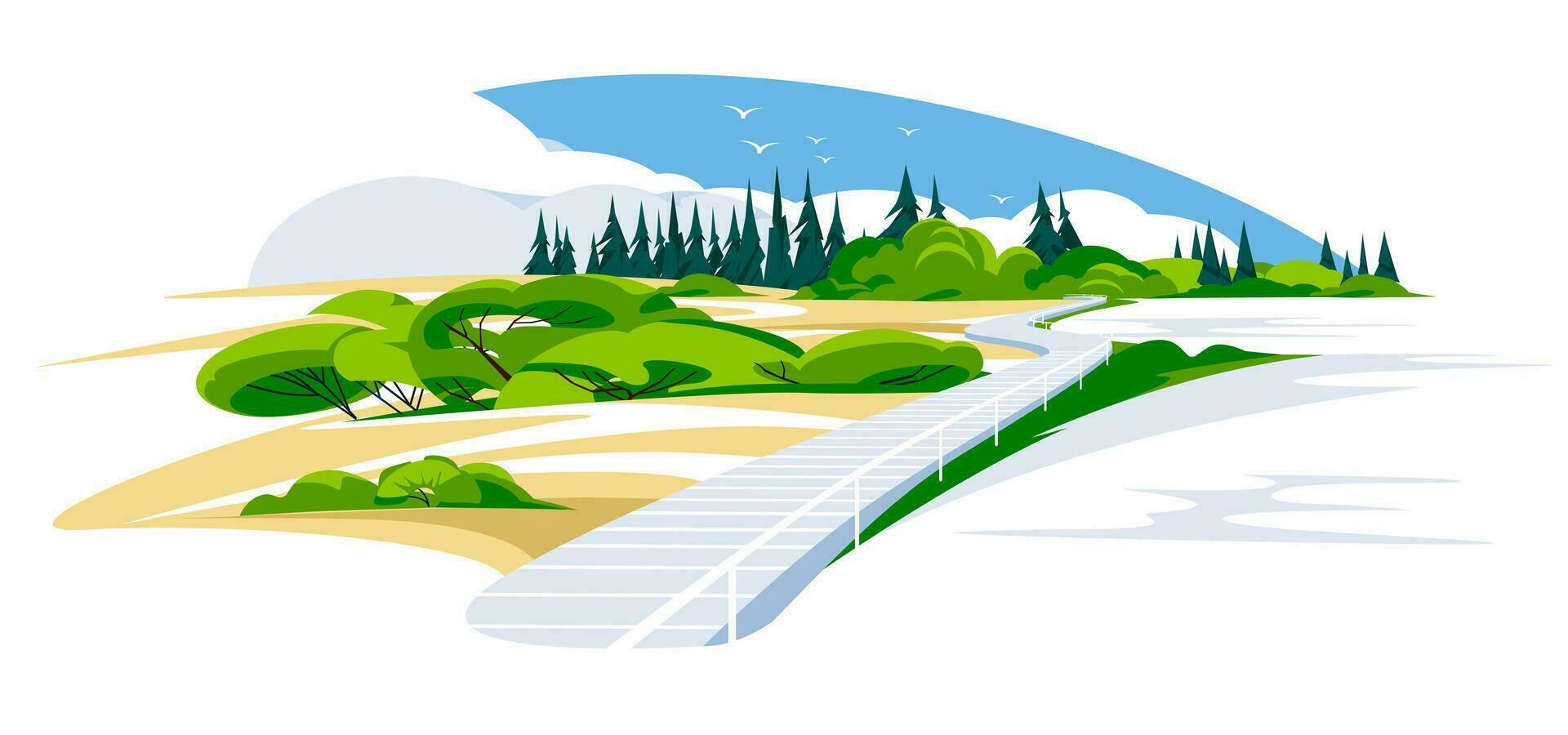 a pier like a road on a quiet mountain lake. Horizon, green and coniferous trees. Tourism and recreation vacation concept, vector flat illustration