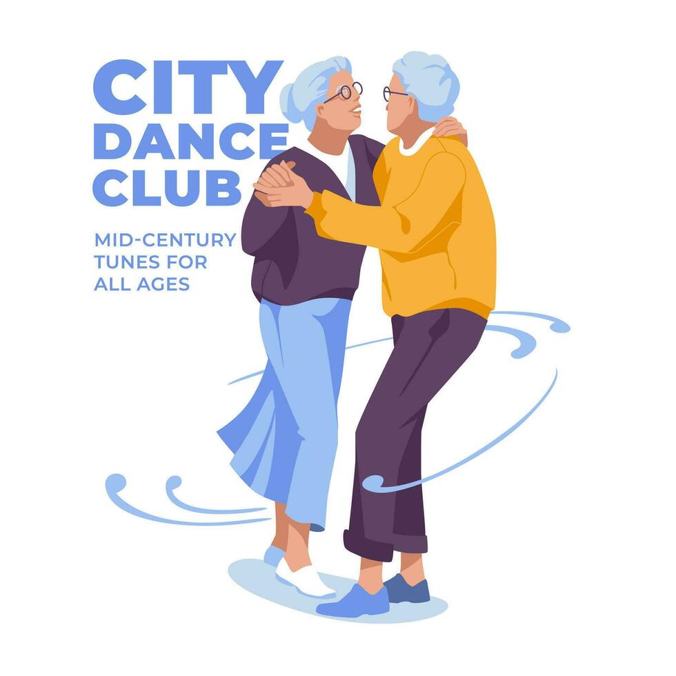 happy elderly couple dancing together. Advertisement of club dances. Isolated on white background vector flat illustration