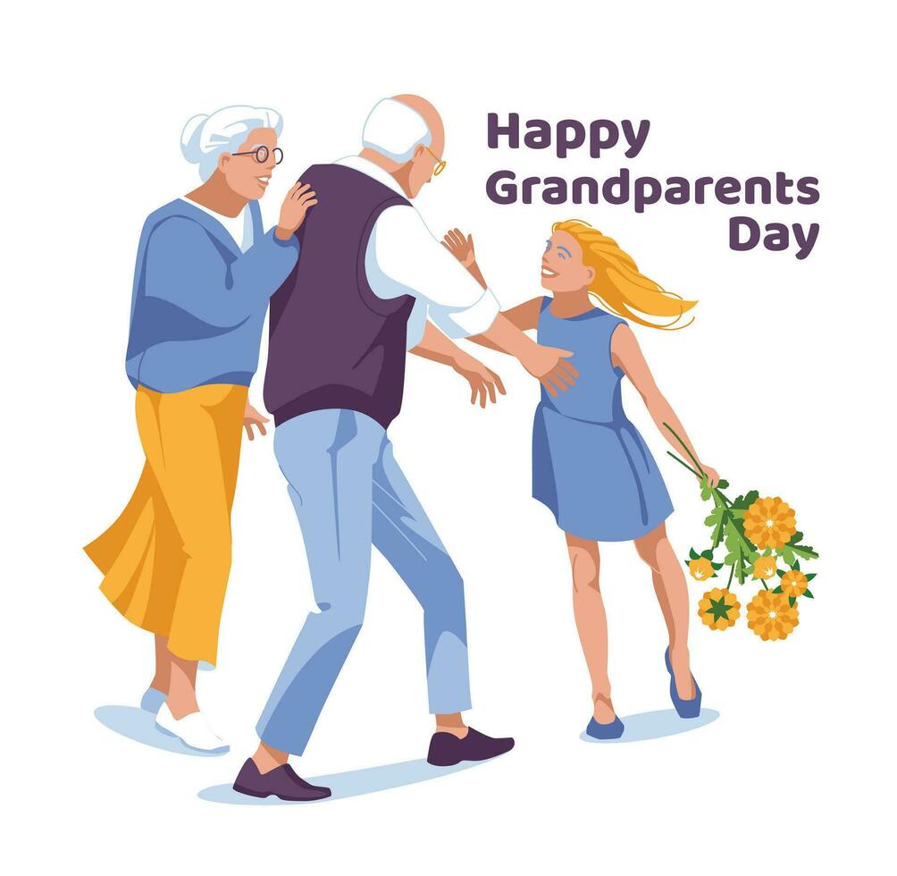 Grandparents Day Greeting card. A girl greets an elderly couple with a flower bouquet on a white background. Vector flat illustration