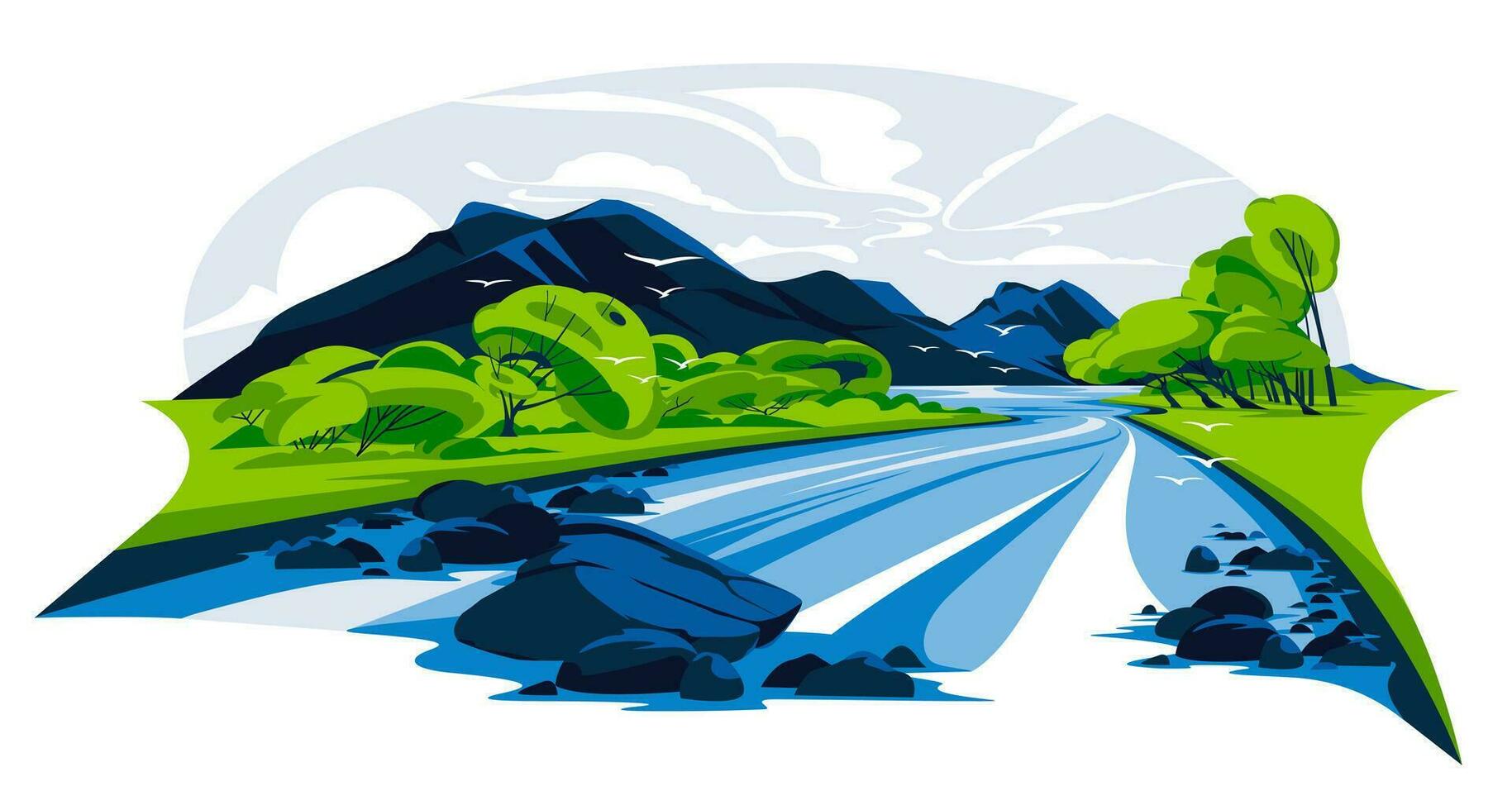 montaña río verano paisaje. verde arboles y césped en el río banco. montaña picos en el azul cielo. vector plano ilustración