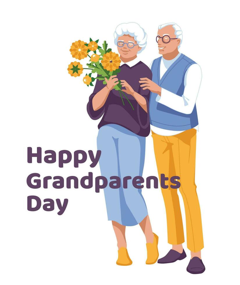 Grandparents Day Greeting card. Summer couple with a flower bouquet on a white background. Vector flat illustration