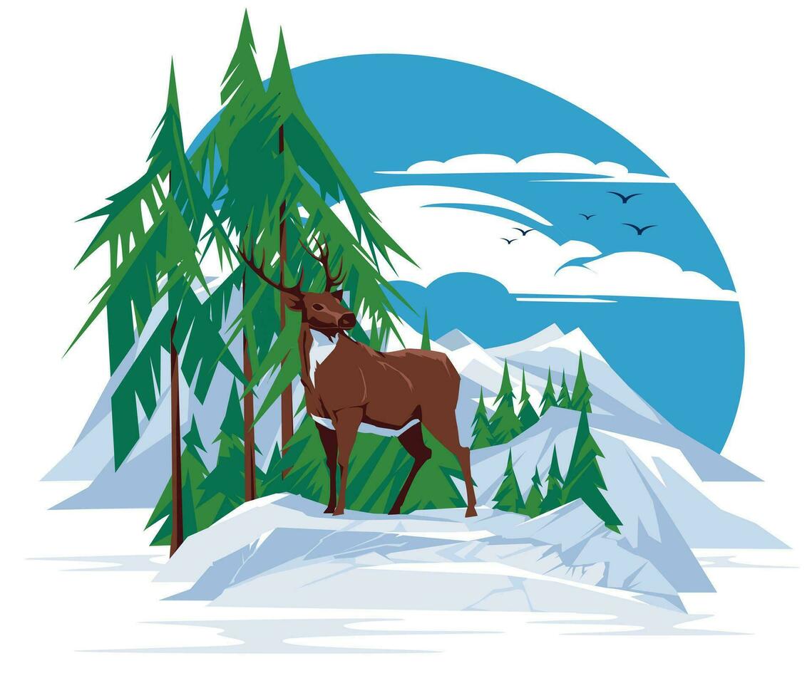 The deer stands alone on a stone. Coniferous forest and mountains background. Alaska landscape. The wild nature. Vector flat illustration