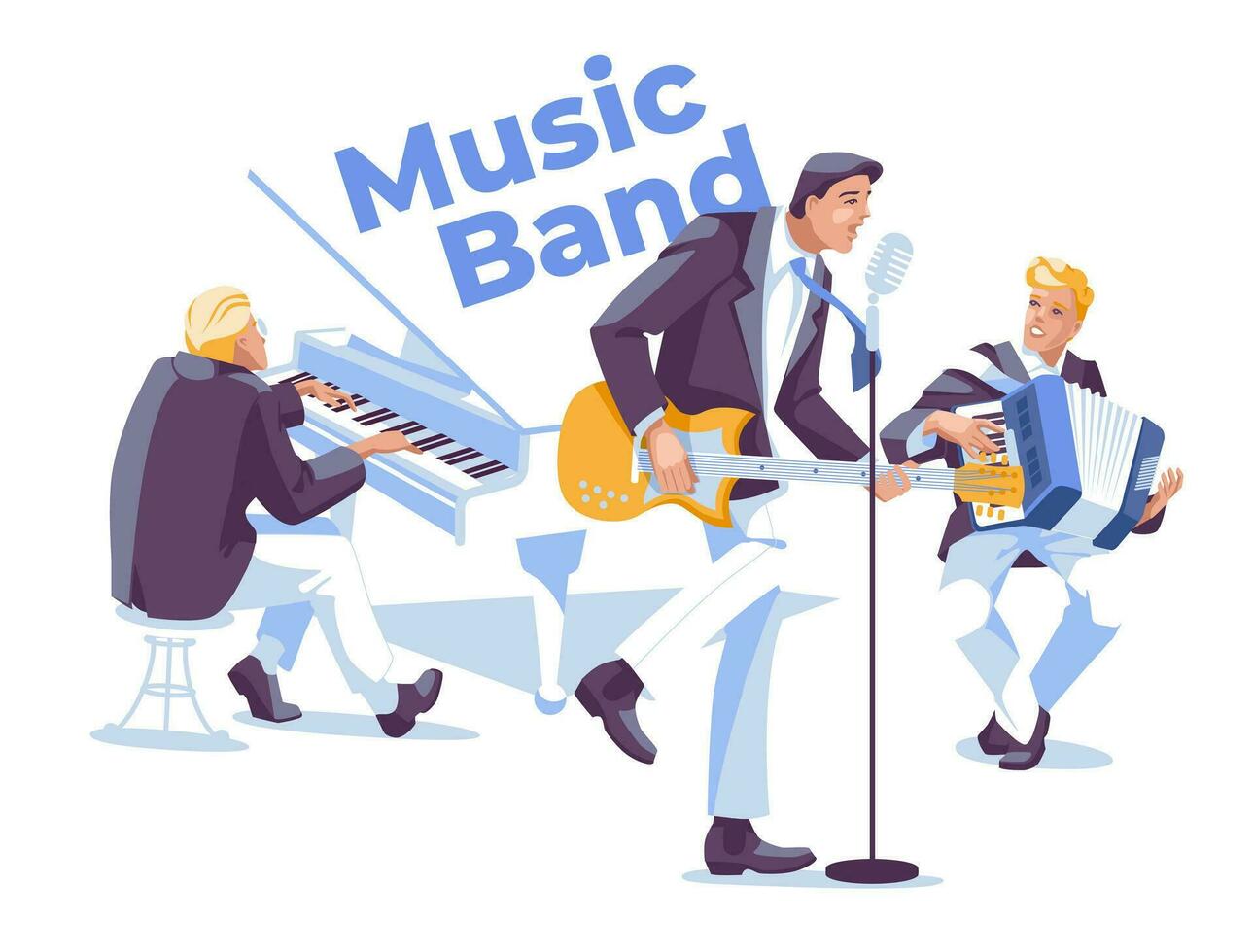 Rockabilly, rock and roll, jazz and classical music band piano, guitarist, singer, accordion. Isolated on white background. Music concert, play and festival. Vector flat illustration.