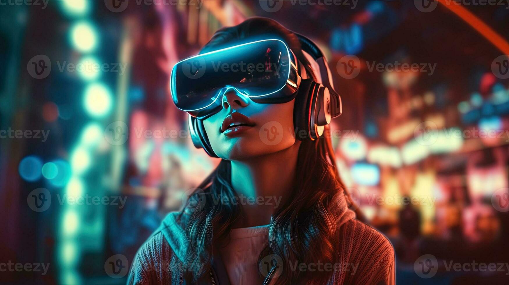 Generative AI, beautiful woman in VR glasses in neon space street, virtual reality headset  in cyberspace photo