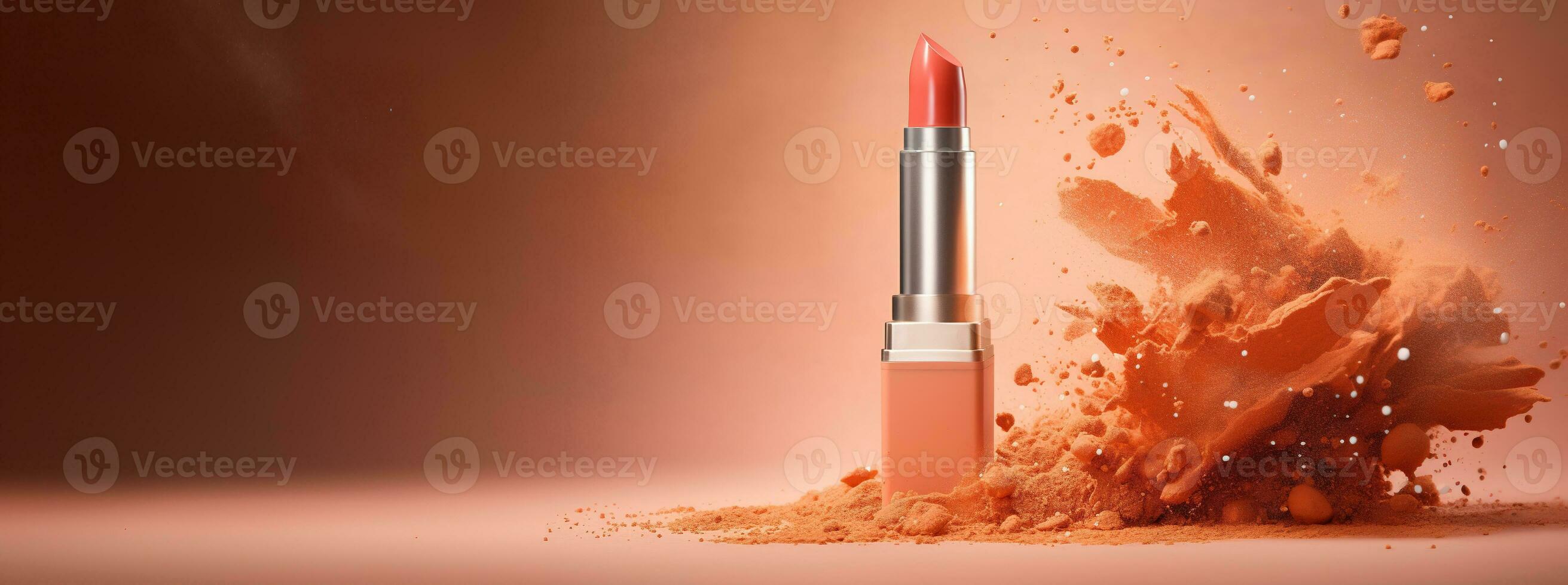 Generative AI, Apricot color lipstick, orange powder splashes and smoke with copy space. photo