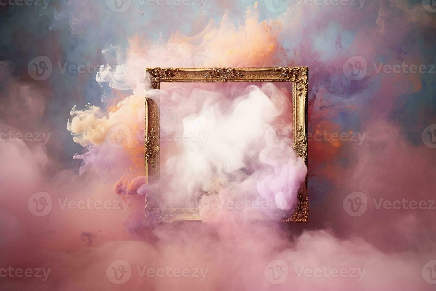 Generative AI, pastel light smoke around empty vintage beautiful frame. photo