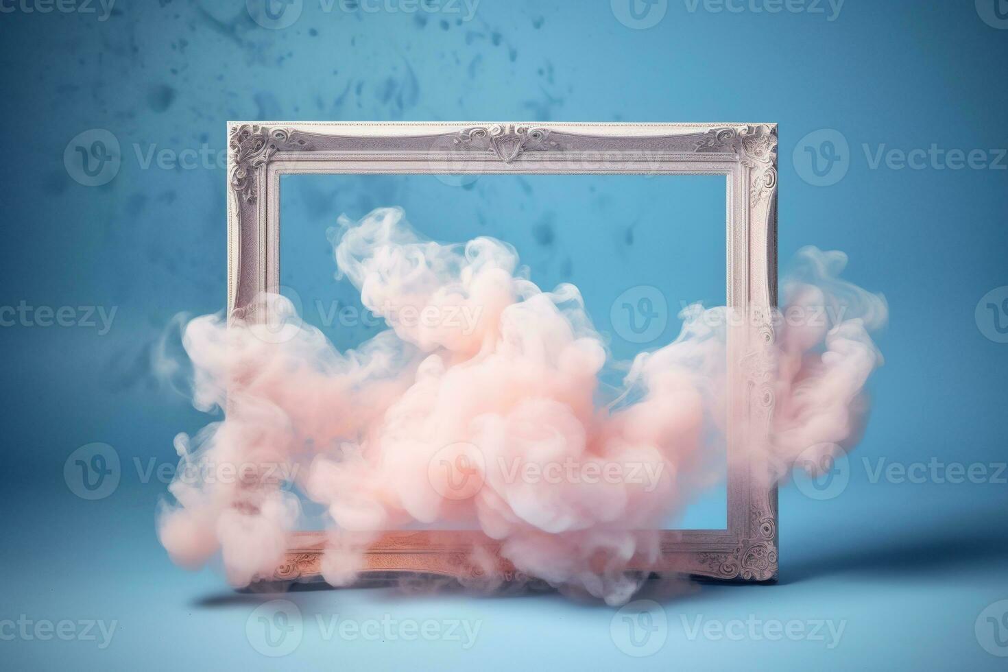 Generative AI, pastel light smoke around empty vintage beautiful frame. photo