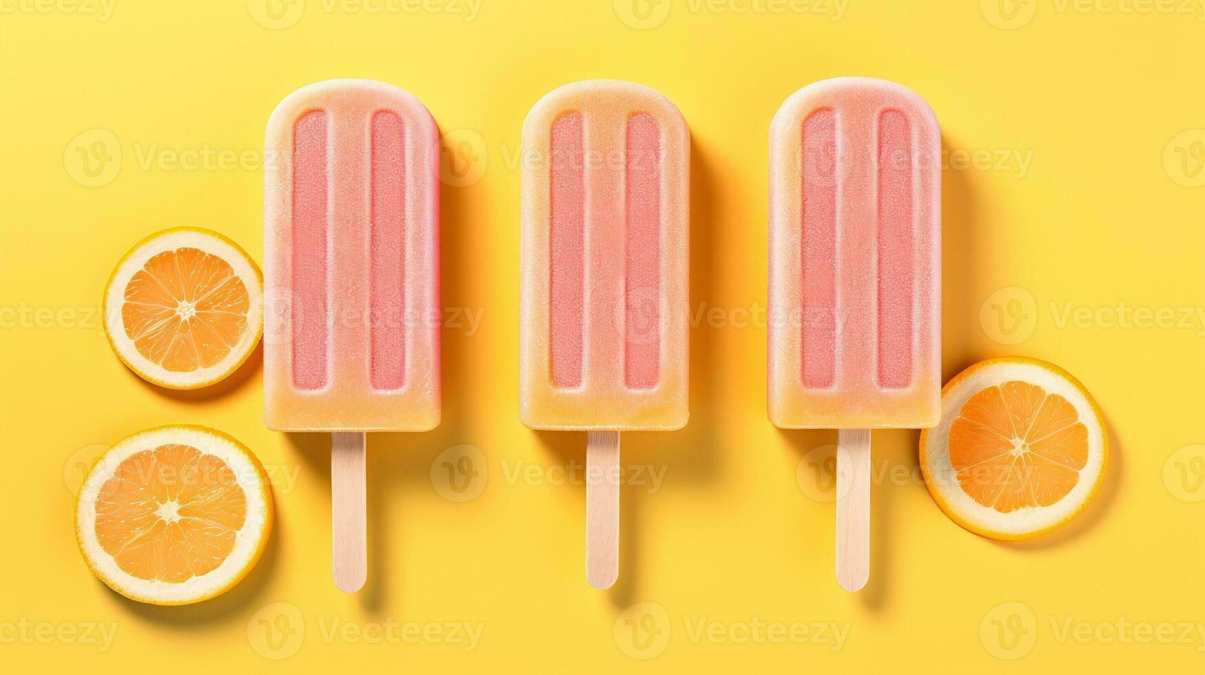 Generative AI, Fruit ice cream or sorbet on a stick, bright color, summer mood, panoramic view photo