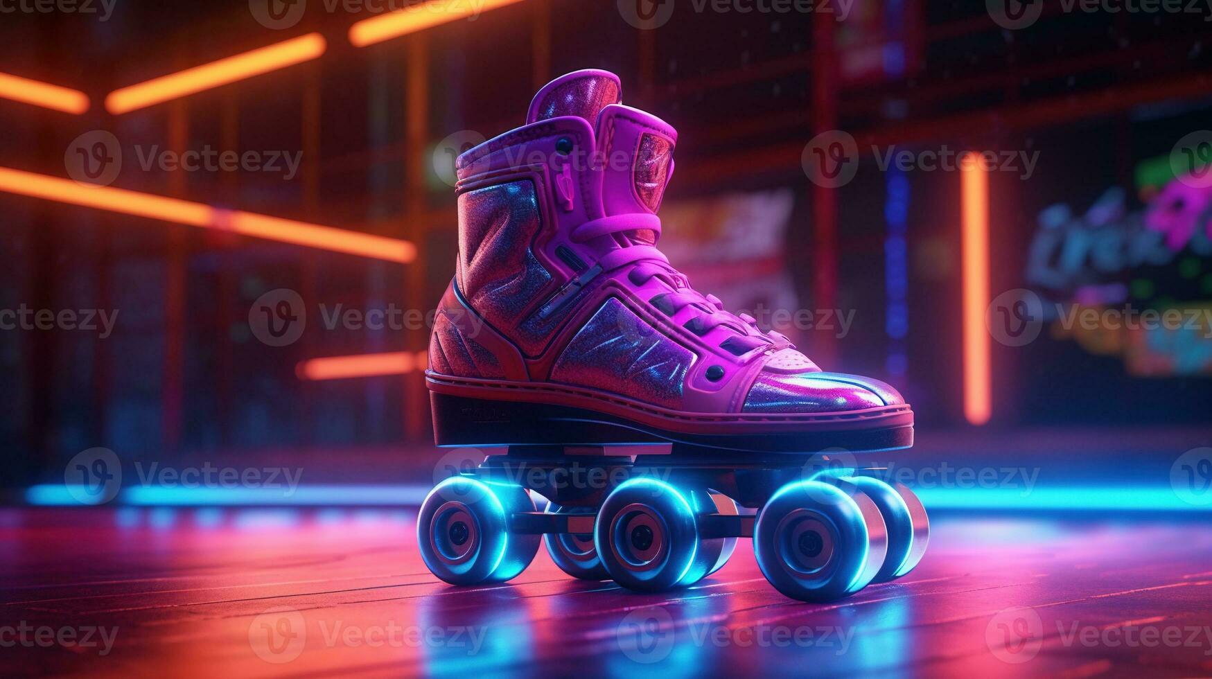Generative AI, Roller skate in cyberpunk style, disco nostalgic 80s, 90s. Neon night lights vibrant colors, photorealistic horizontal illustration of the futuristic city. Sport activity concept. photo