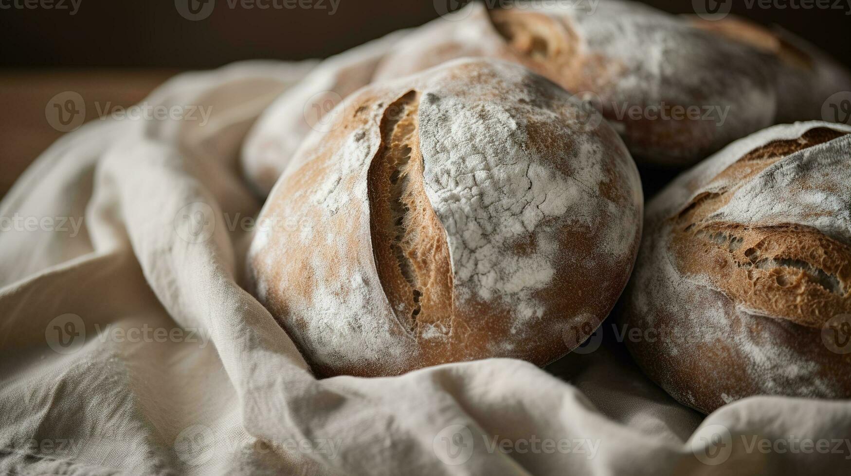 Generative AI, freshly baked bread or bakery at the home kitchen, ecologically natural pastries, linen table wear and wheat photo