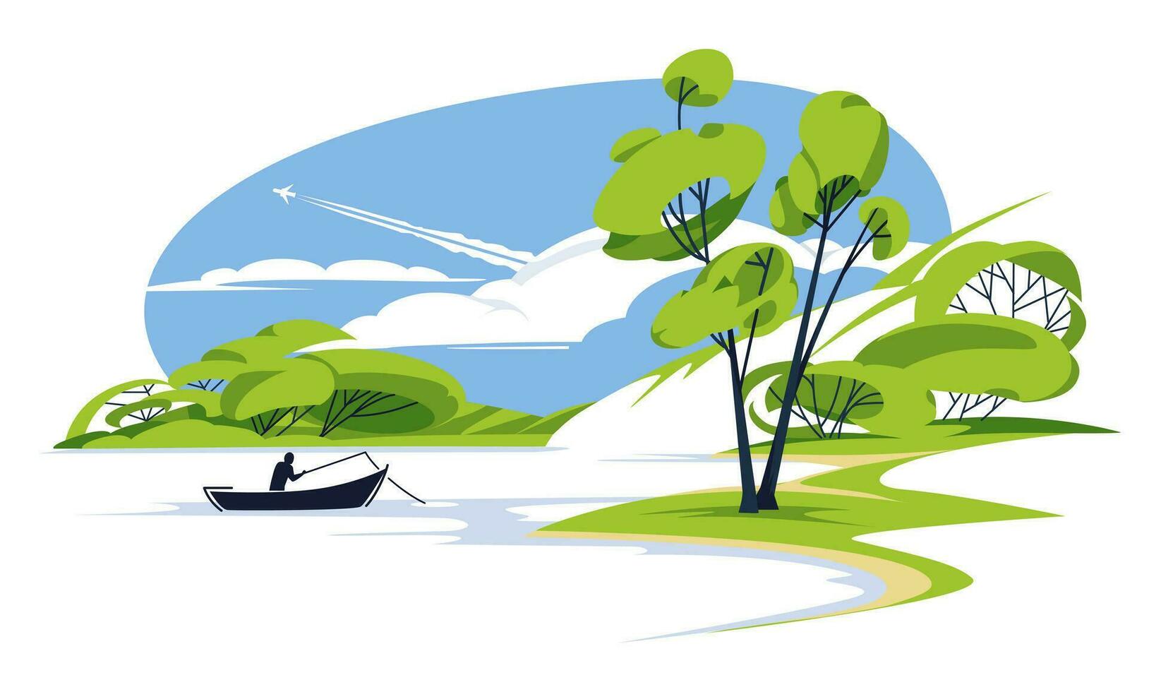 Fisherman silhouette on a quiet summer lake in the middle of the forest. Seasonal landscape. Flat vector illustration