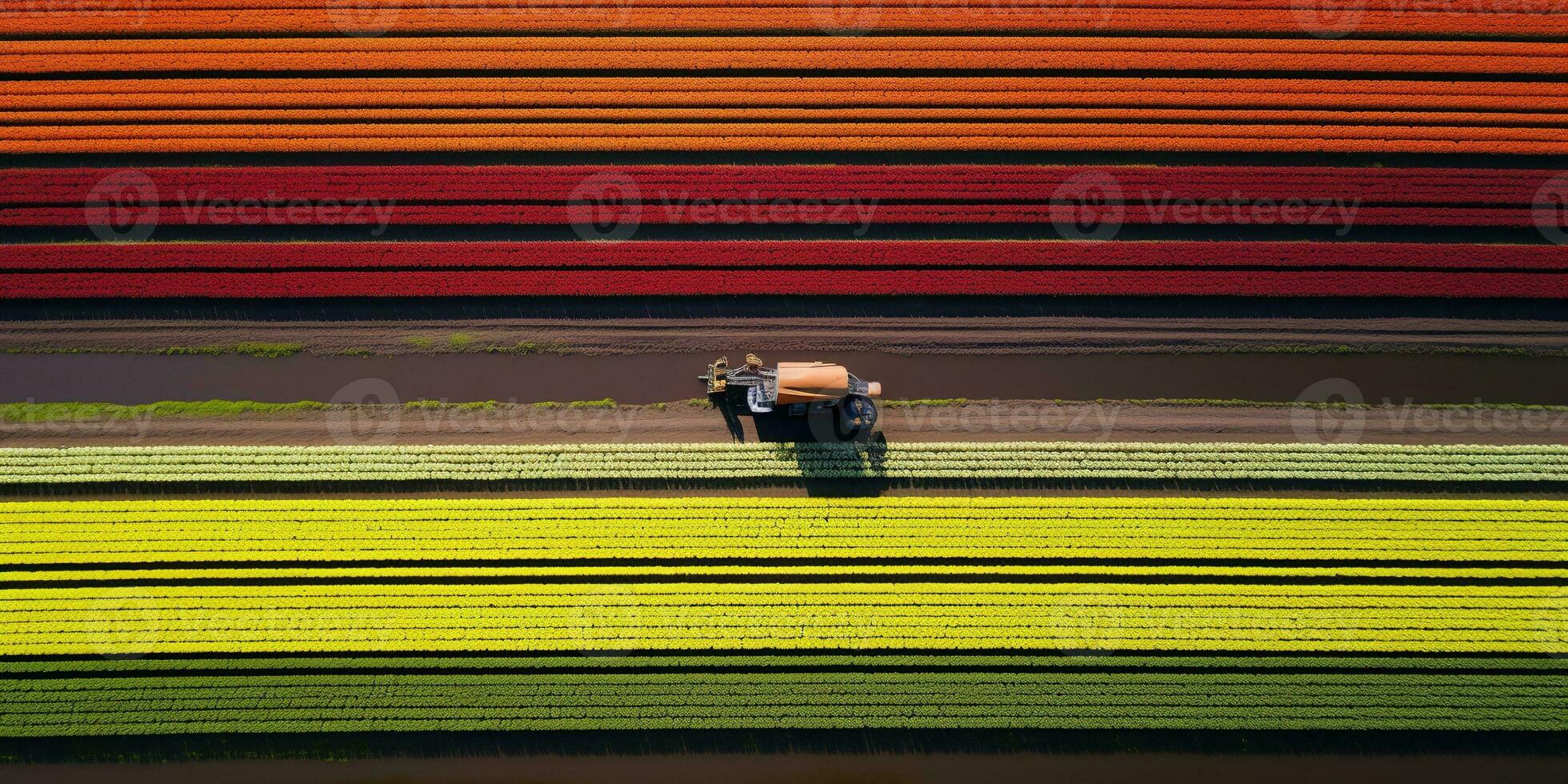 Generative AI, Farm colorful landscape, agricultural fields, beautiful countryside, country road. Nature Illustration, top view drone, horizontal banner. photo