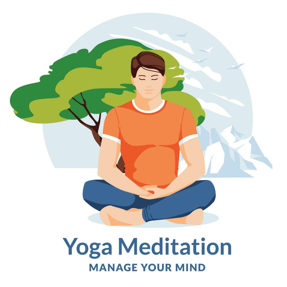 Young man in lotus pose. Meditation, concentration and mind control. Nature landscape with big tree and mountains. Yoga for anyone. Healthy lifestyle. Flat vector illustration