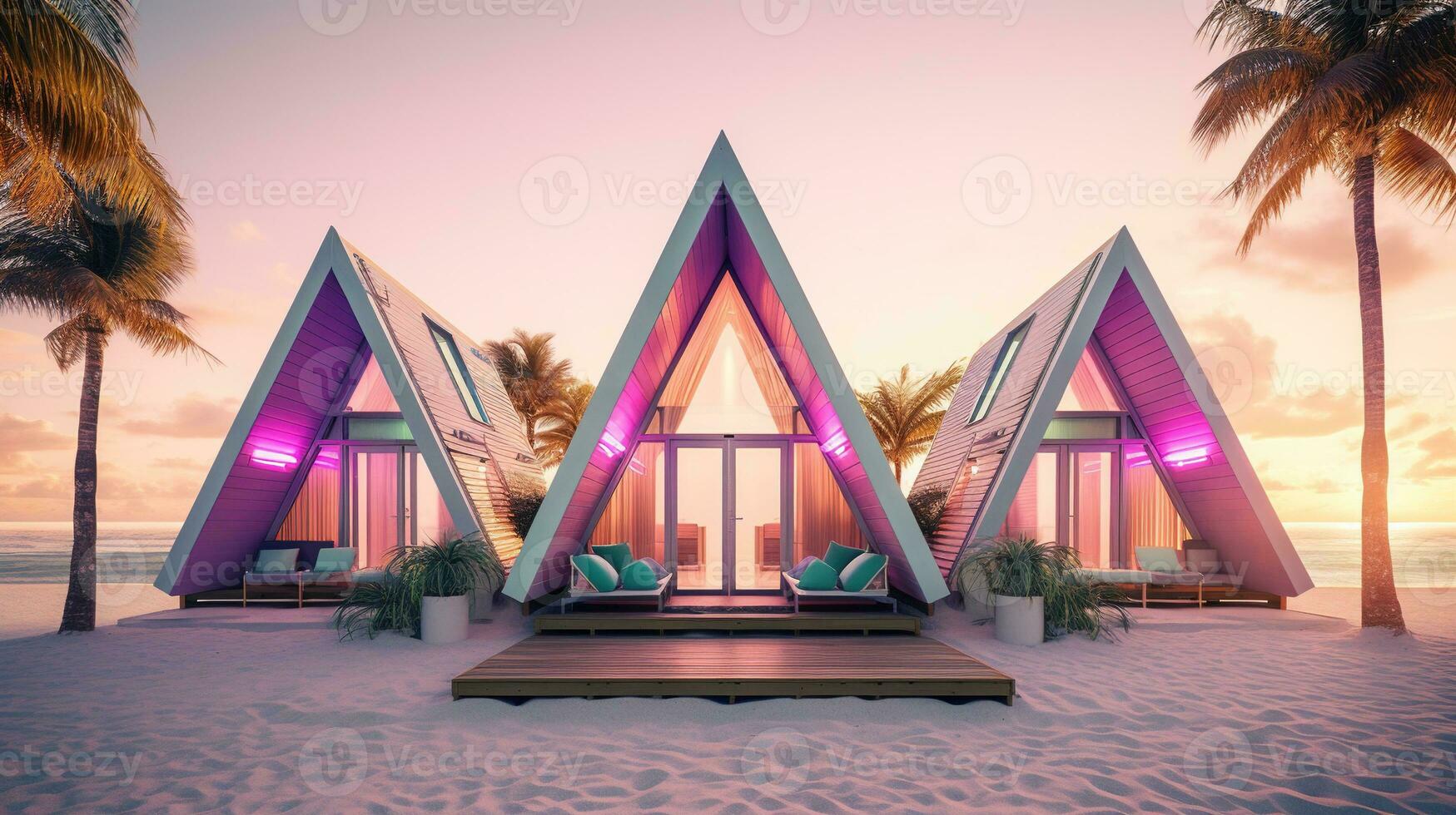 Generative AI, Miami beach huts, Summer Vibes retro illustration. Vintage pink and blue colors, buildings, California palms, 80s style photo