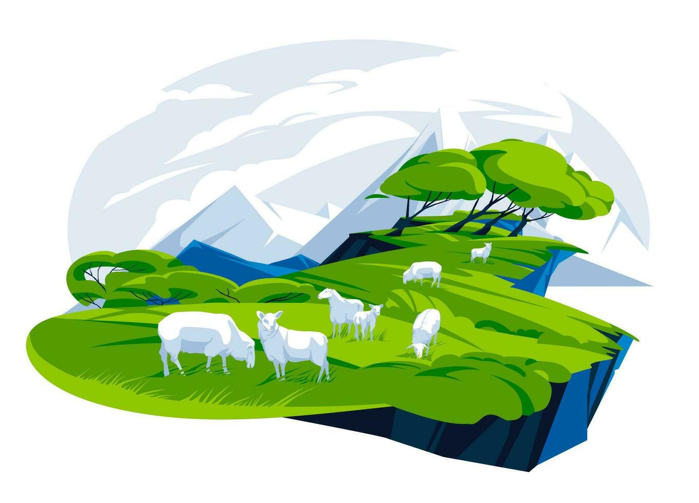 el idílico rural paisaje de el verde montaña prado con oveja en el pastar. plano vector ilustración.