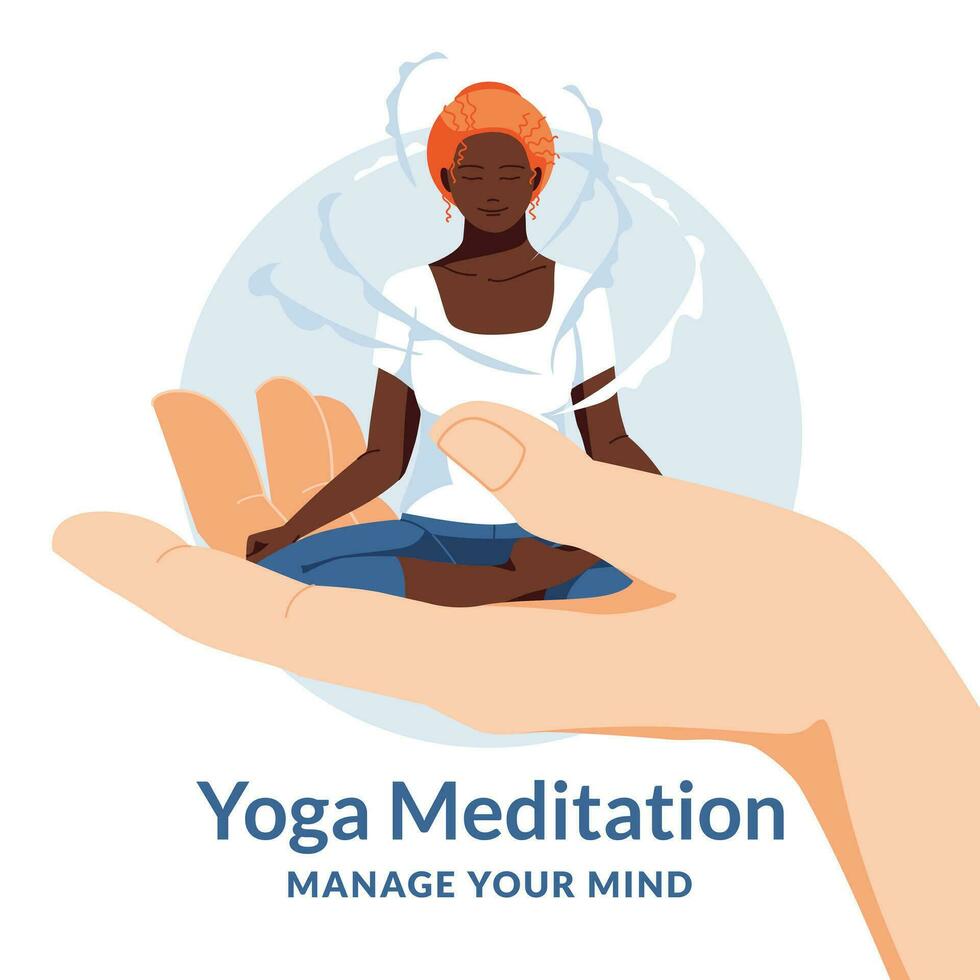 Meditation, concentration and mind control. Big human hand background. Yoga for anyone. Healthy lifestyle. Isolated on round composition. Flat vector illustration