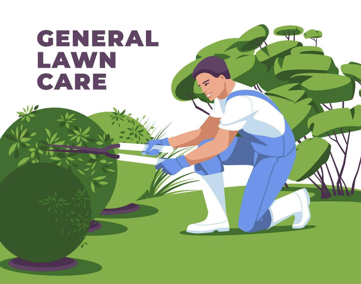 The lawn care man cuts the bushes. Concept on seasonal work on gardening. Flat vector illustration