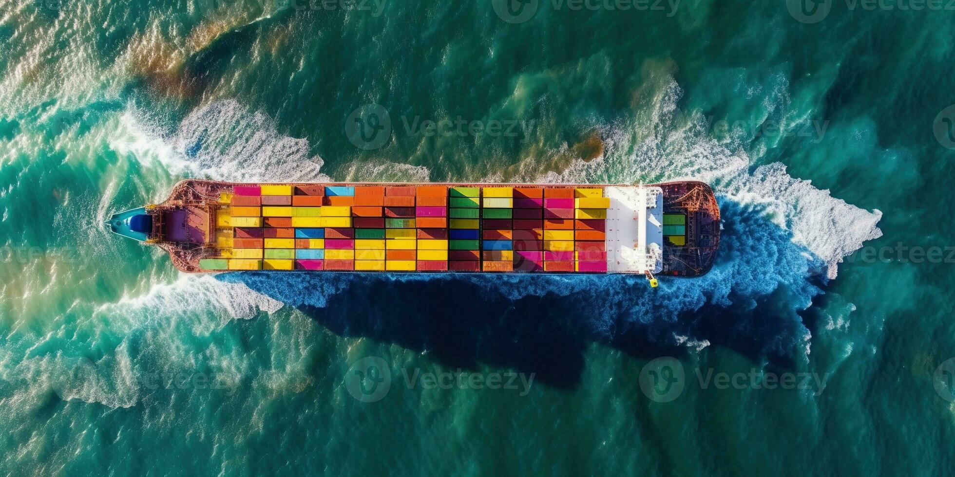 Generative AI, container ship in import export and business logistic. Aerial view, water transport, cargo shipping in open sea. photo